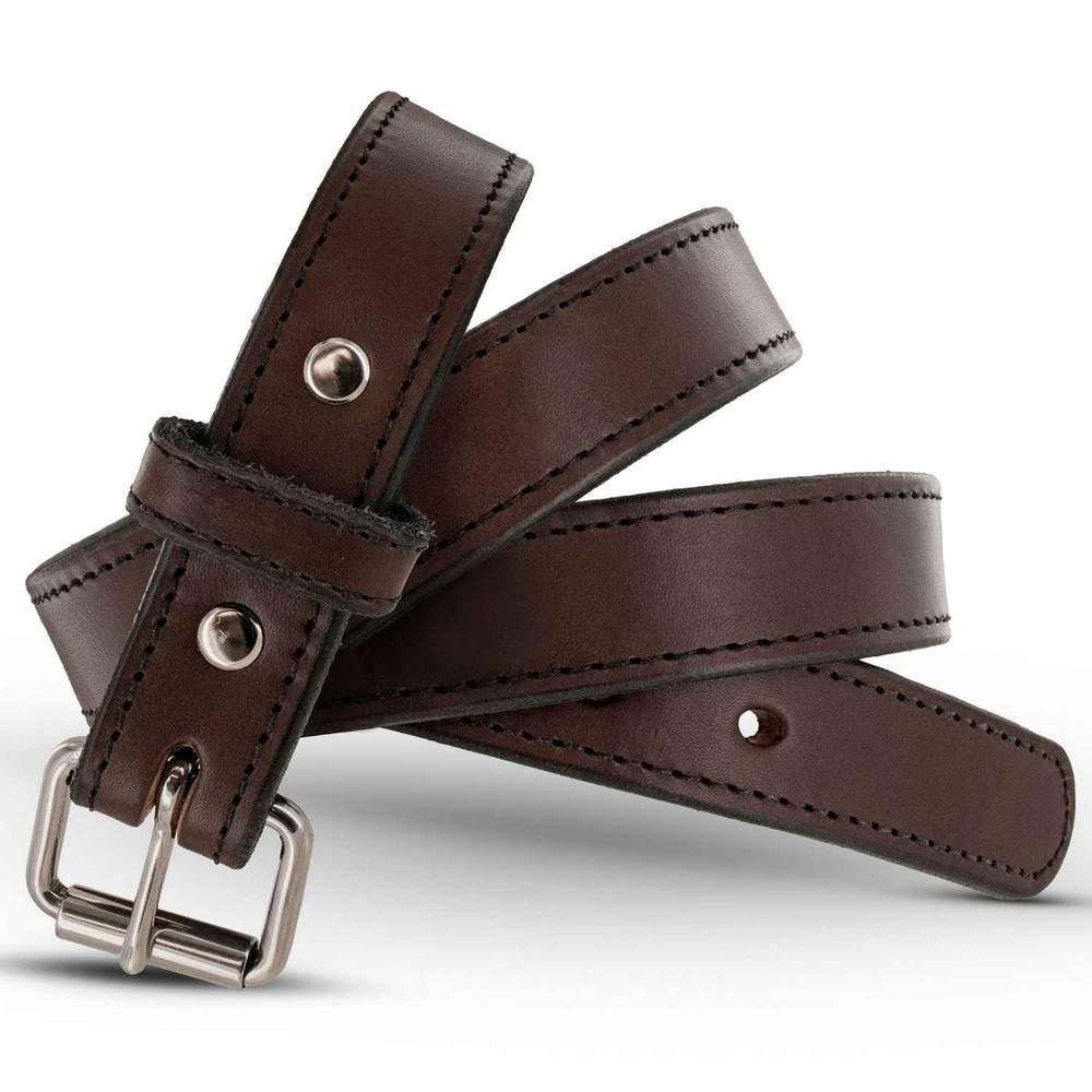 The Xtreme Belt - 1.25" by Hanks Belts is a coiled, dark brown leather gun belt with visible stitching, featuring a heavy-duty silver roller buckle and a metal rivet near the end.