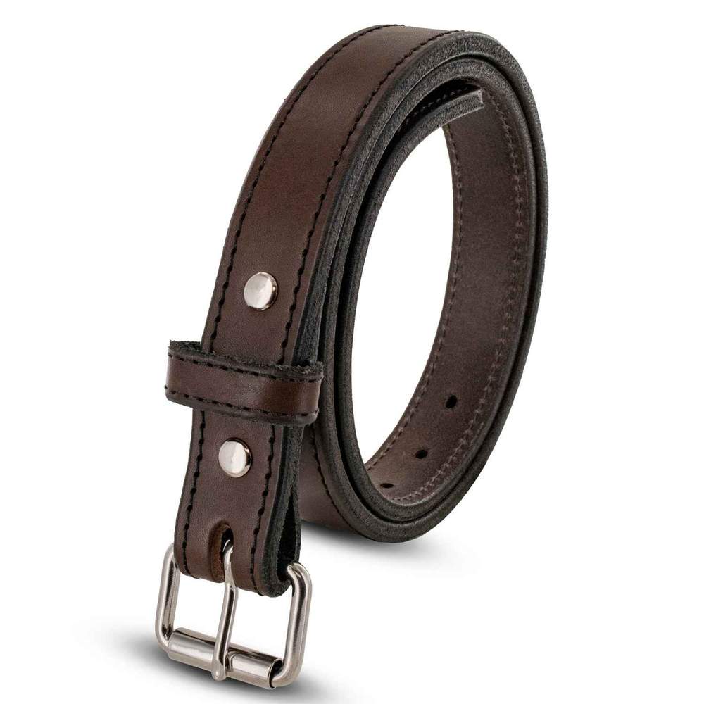 The Xtreme Belt - 1.25" by Hanks Belts is a rolled-up dark brown durable leather belt with a silver buckle and two metal studs near the end, displayed on a white background.