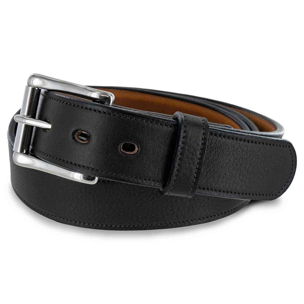 The Tuscan Embossed Lined by Hanks Belts is a black premium leather belt featuring a stainless steel buckle and brown lining, coiled and displayed on a white background.