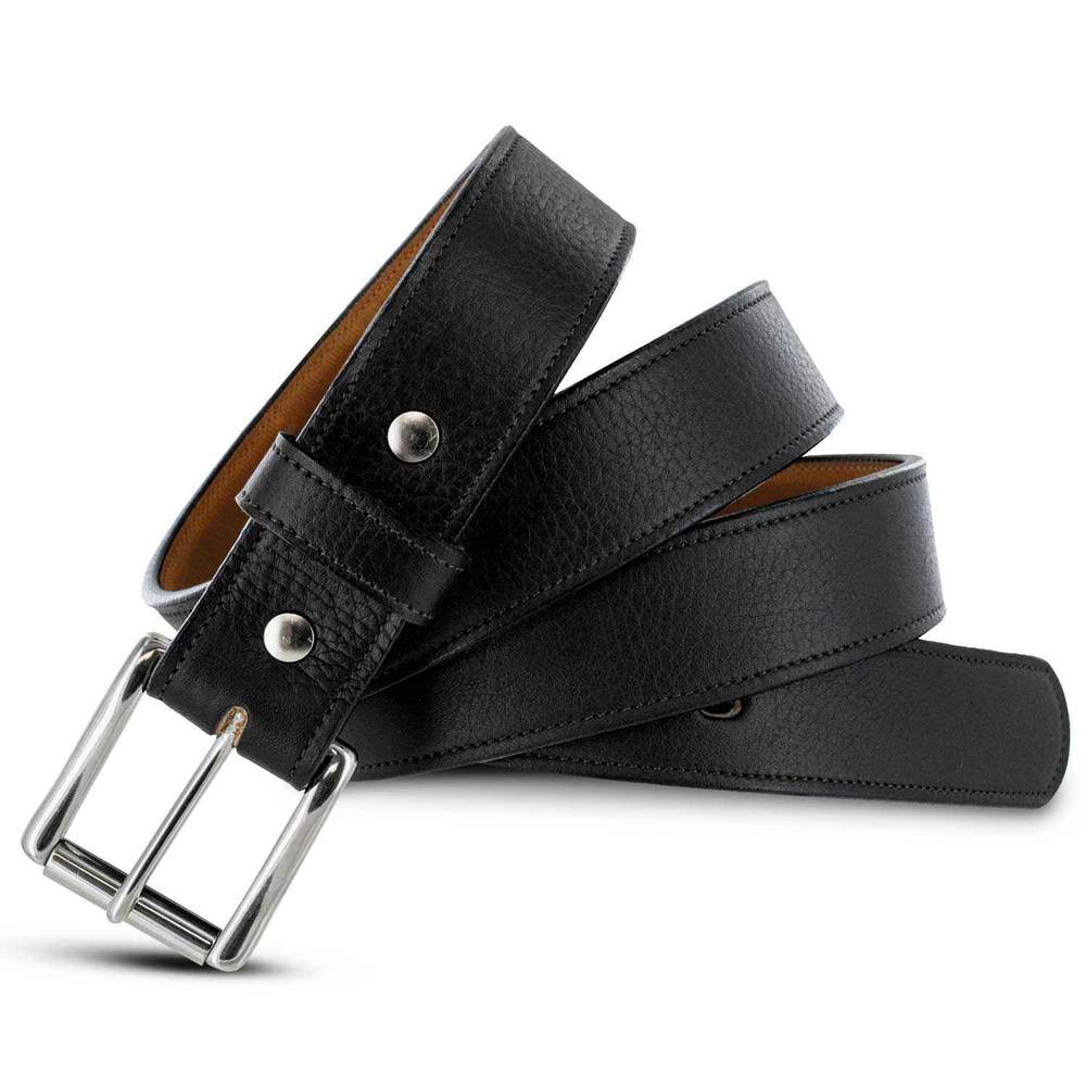 The Tuscan Embossed Lined by Hanks Belts is a premium leather belt made from English Bridle Leather with a silver stainless steel buckle, shown coiled in a loose loop on a white background.