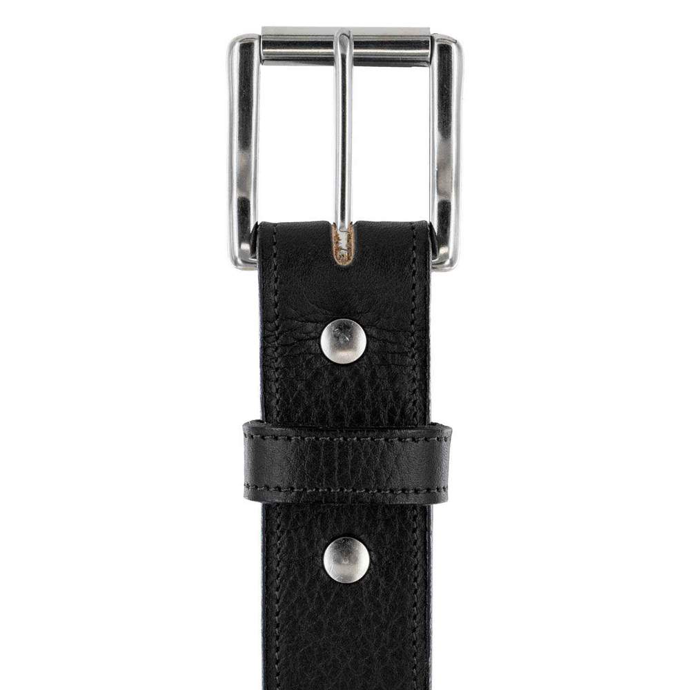A close-up of The Tuscan Embossed Lined by Hanks Belts, crafted from English Bridle Leather with a stainless steel rectangular buckle, two metal rivets, belt loop, and a richly textured embossed finish.