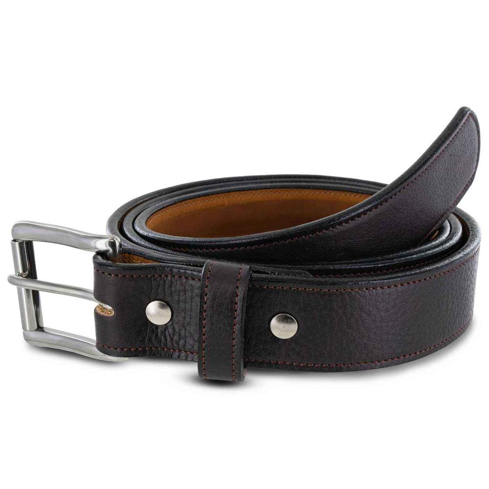 The Tuscan Embossed Lined by Hanks Belts is a coiled dark brown English Bridle Leather belt with visible stitching and a stainless steel buckle, displayed on a white background.