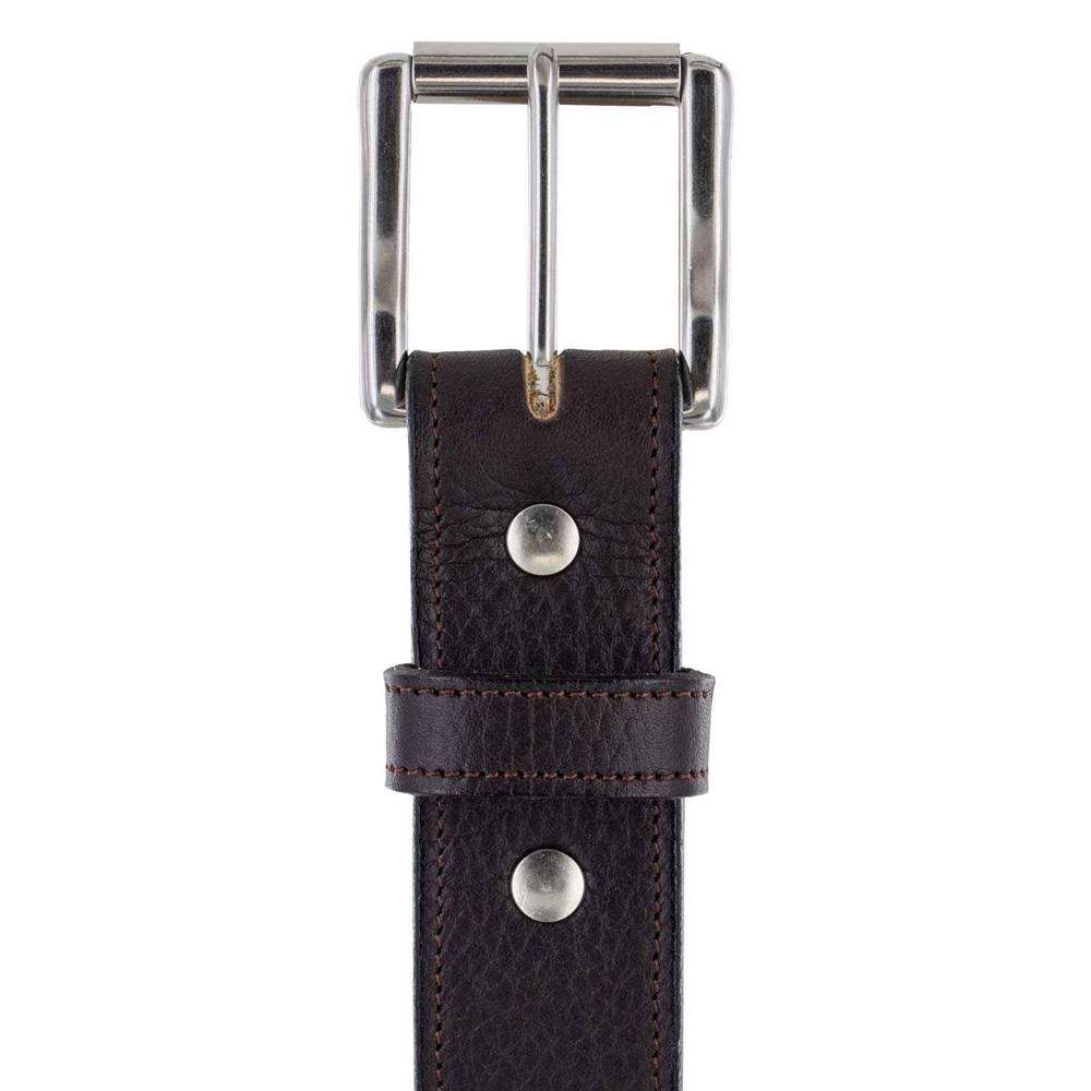 Close-up of The Tuscan Embossed Lined by Hanks Belts, crafted from English Bridle Leather with visible stitching, two metal rivets, and a rectangular stainless steel buckle, shown against a white background.