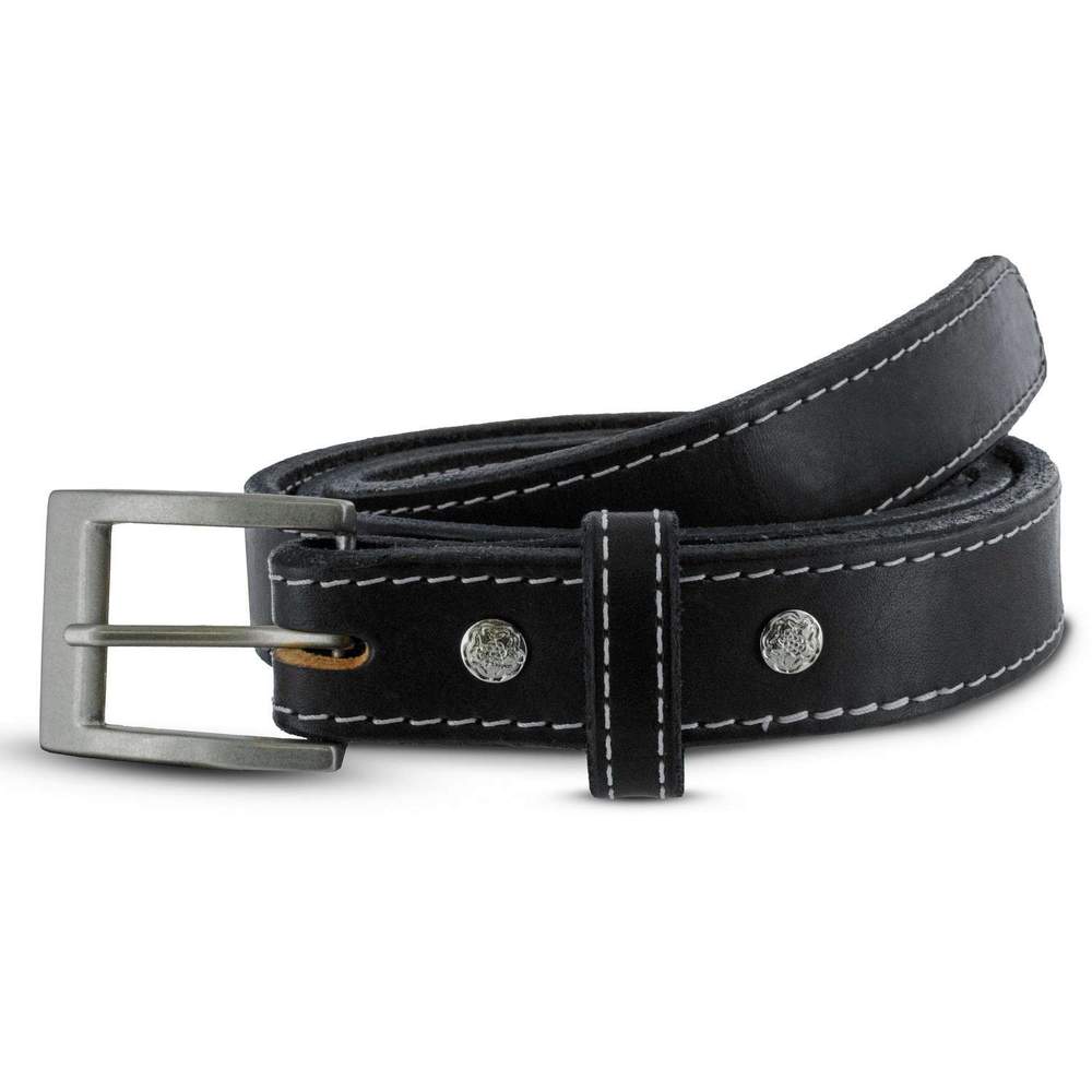 The Bonnie by Hanks Belts is a black full-grain vegetable tanned leather belt with white stitching, a silver buckle, and two decorative metal studs near the end, shown coiled on a white background.