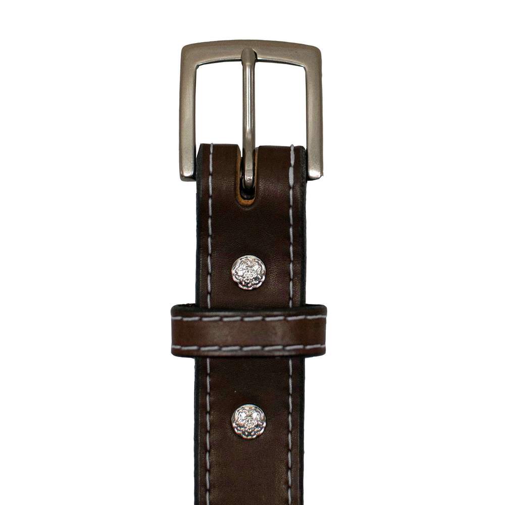 The Bonnie by Hanks Belts is made from full-grain vegetable tanned leather, with white stitching, a silver buckle, and two decorative silver studs on the strap.