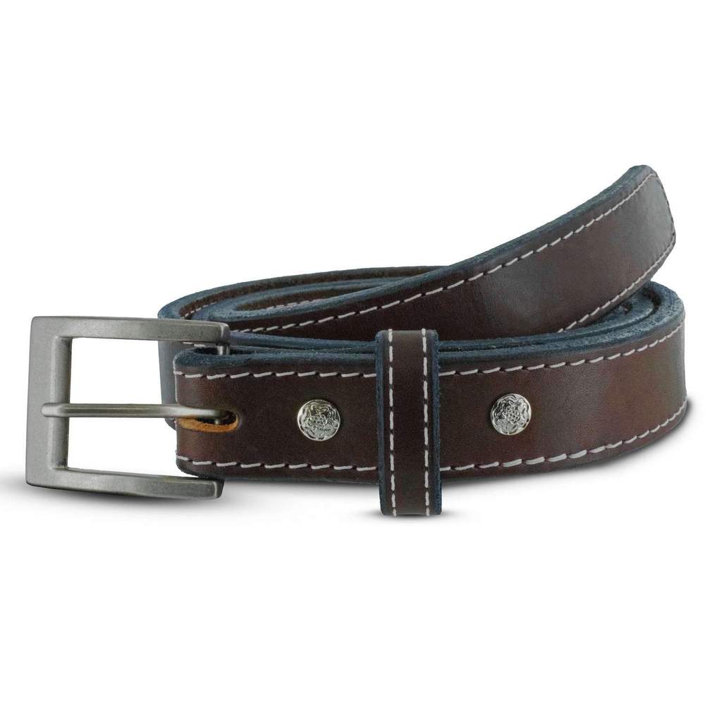 The Bonnie by Hanks Belts is a rolled-up full-grain vegetable tanned leather belt, featuring white stitching, a silver buckle, and two decorative silver rivets on the belt loop.