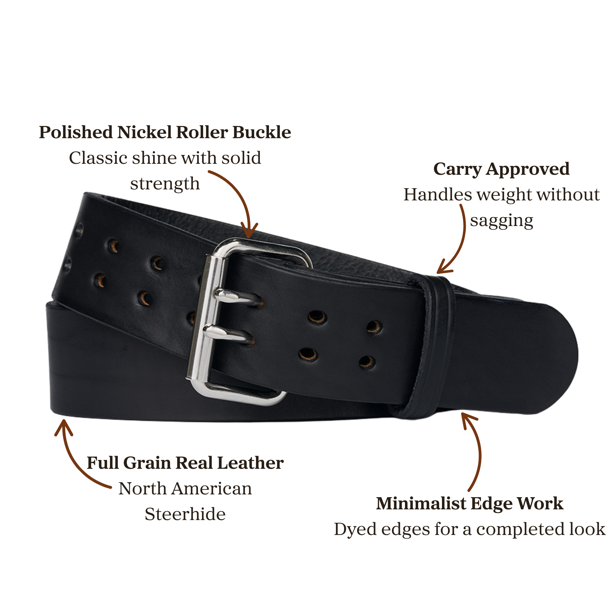 Black full grain leather belt with polished nickel roller buckle, designed for carry use 