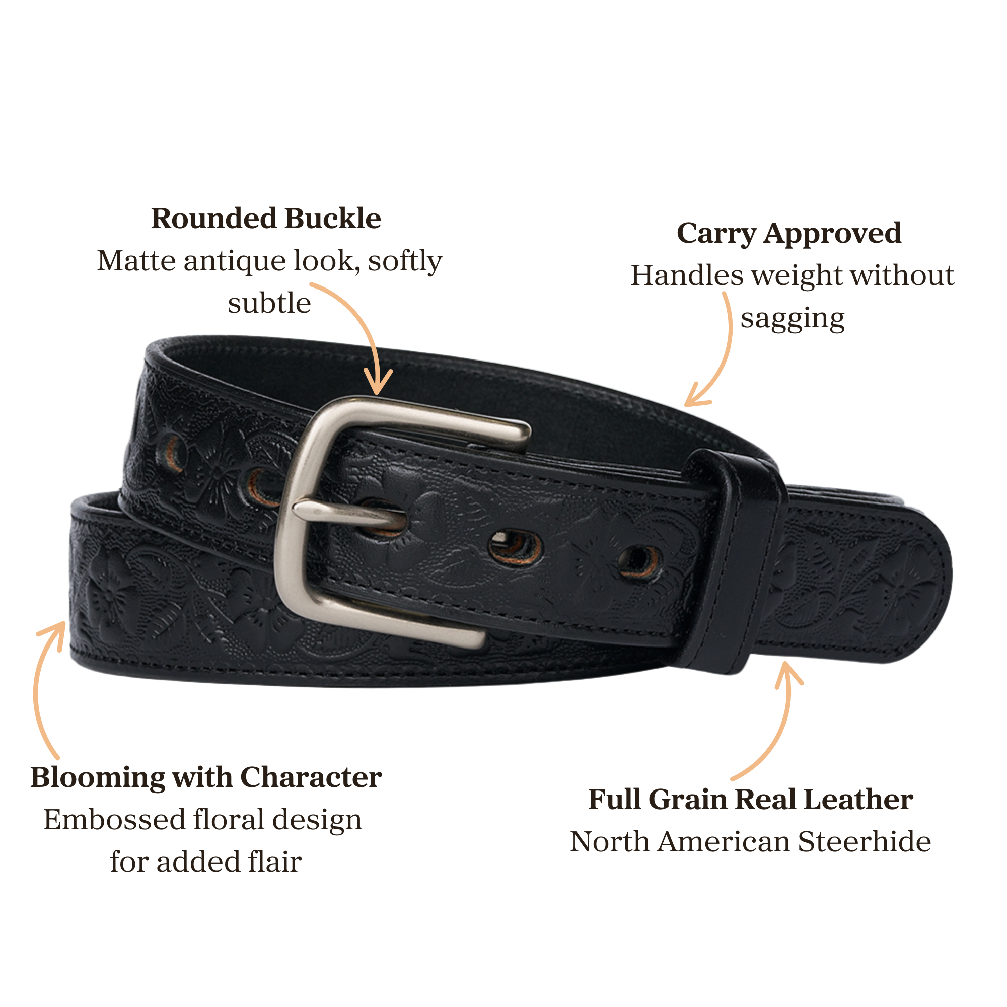 A black leather belt with embossed floral patterns, a matte antique rounded buckle, described as carry approved, full grain real leather from North American steerhide, and blooming with embossed character for added flair.