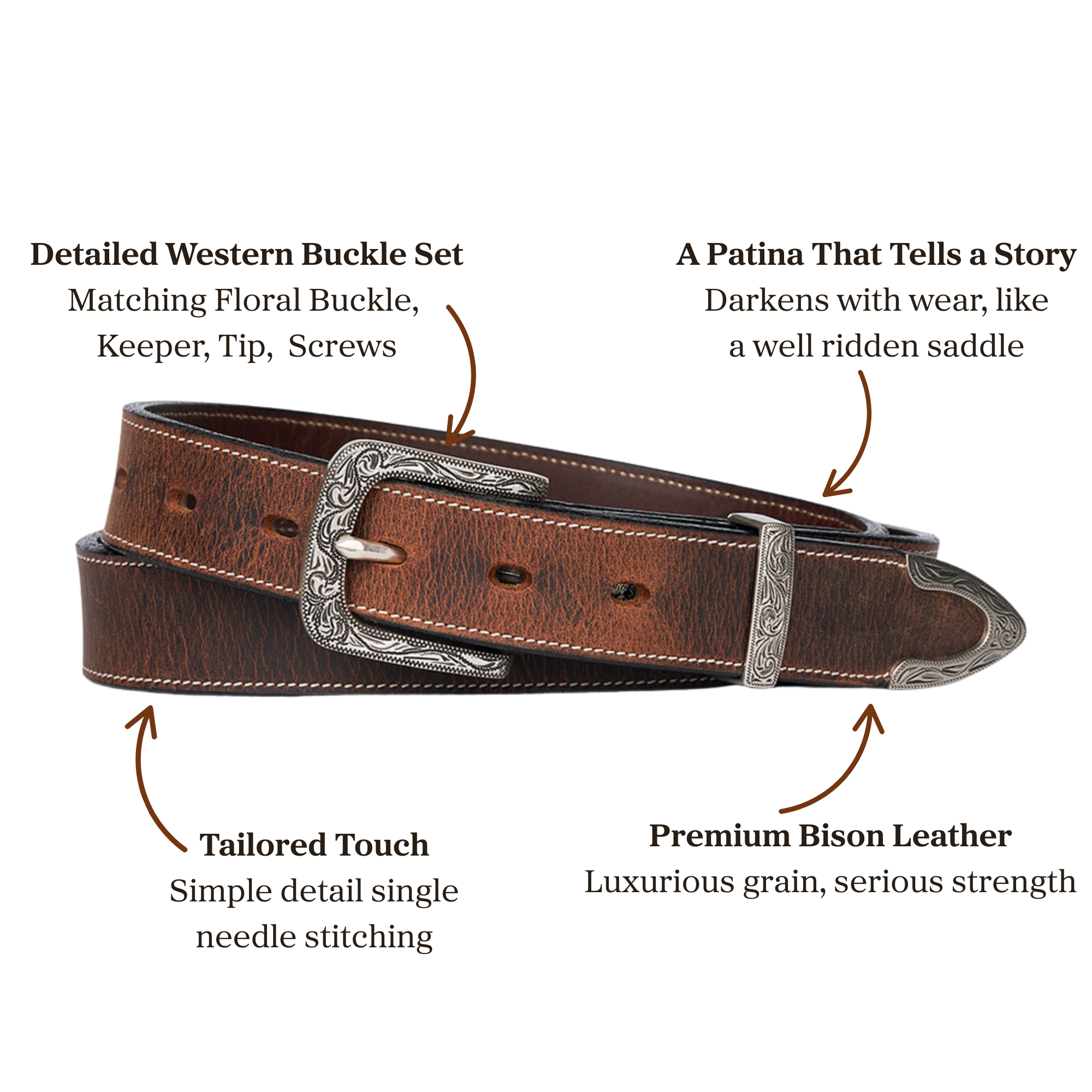 Brown bison leather belt with ornate silver Western buckle set featuring floral engraving, matching keeper, tip, and decorative screws, with single-needle stitching detail