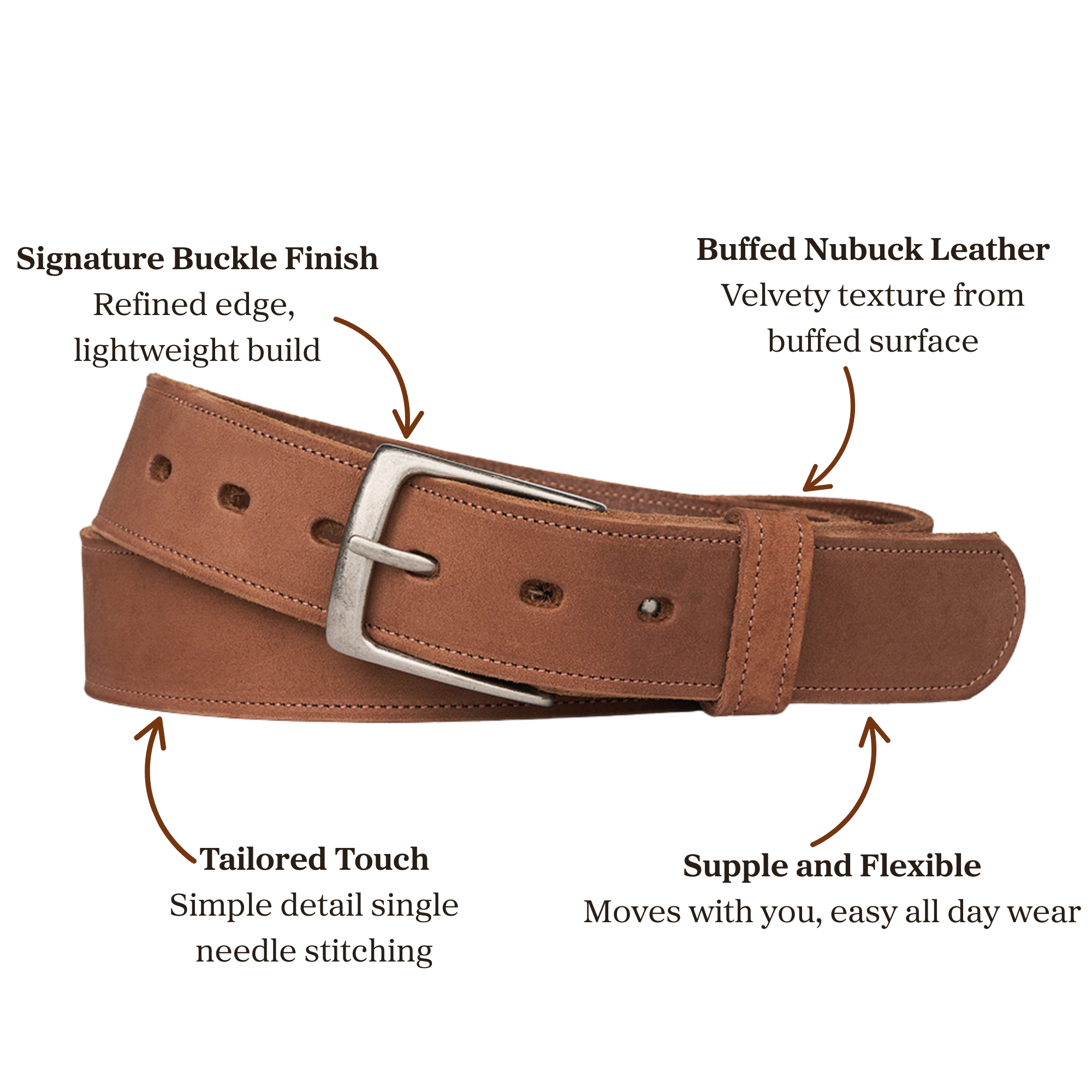 Brown buffed nubuck leather belt with signature buckle finish