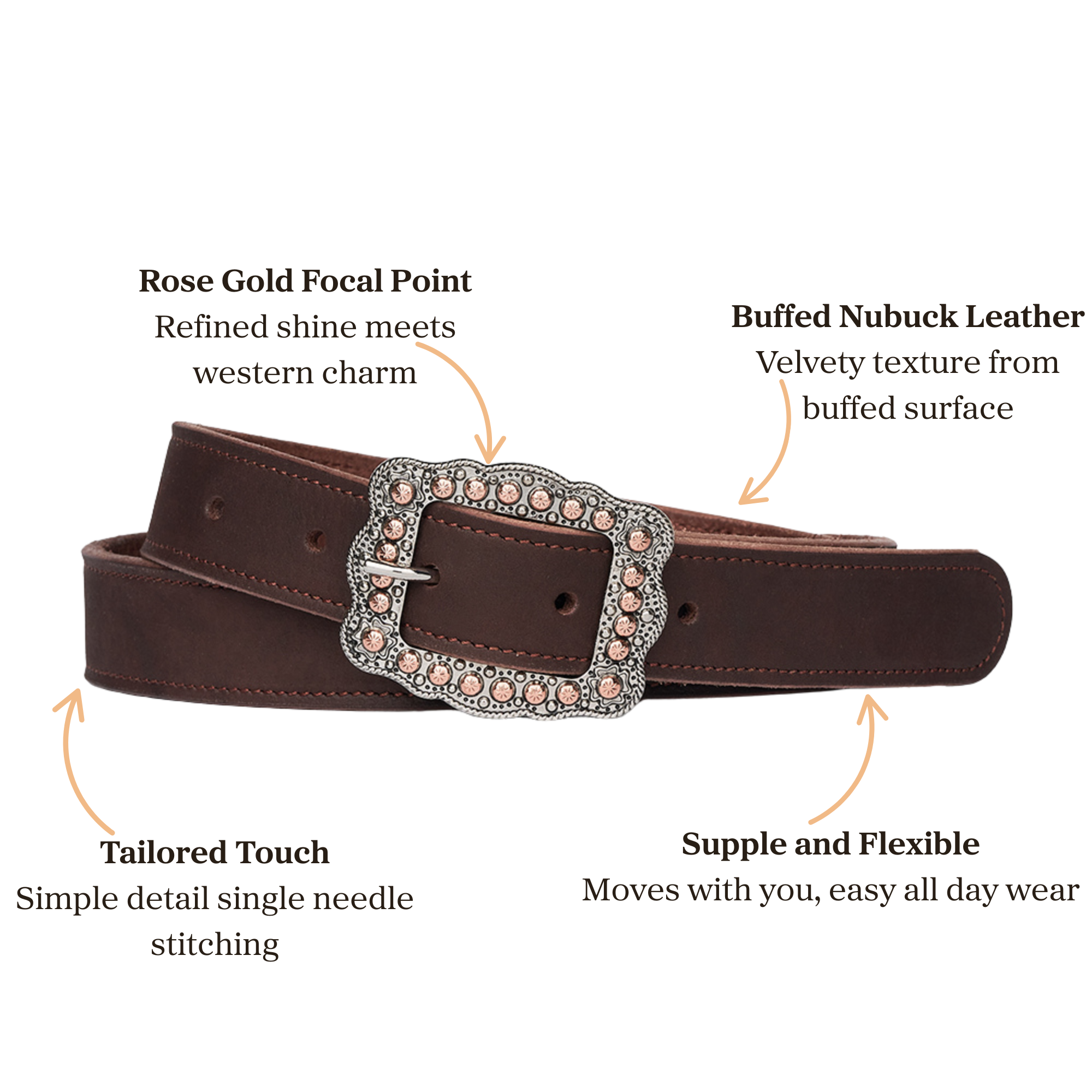 A brown leather belt with a large, ornate rose gold buckle. Text highlights the belt’s rose gold focal point, supple and flexible buffed nubuck leather, and tailored single needle stitching.