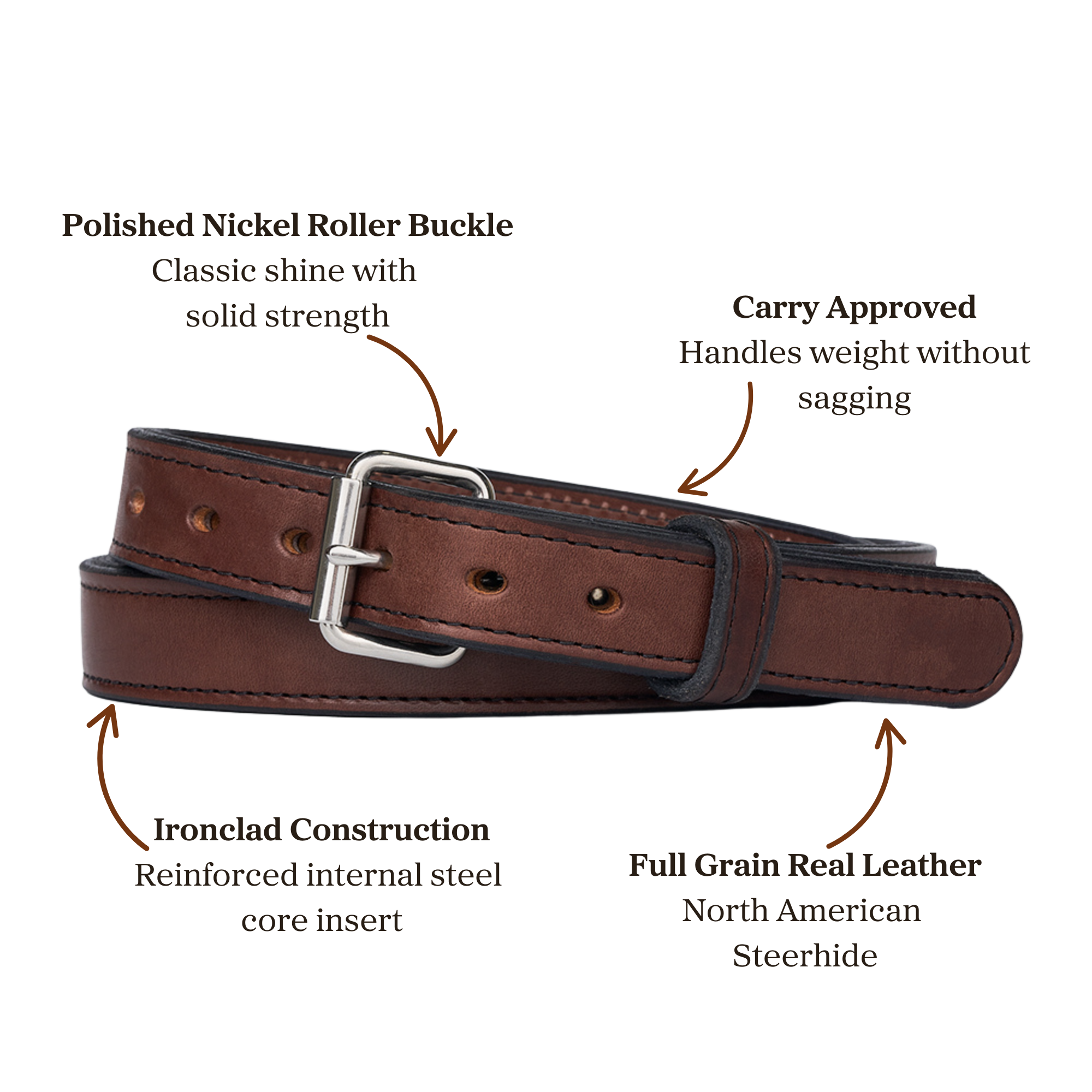 Brown full grain leather belt with polished nickel roller buckle, designed for carry use