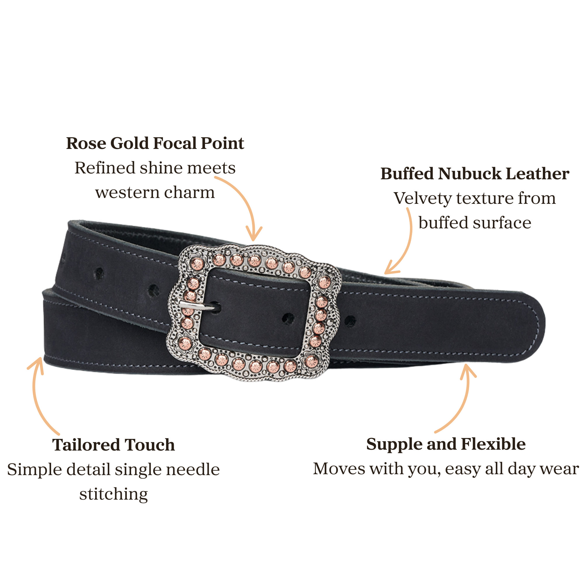 A black belt with a large, ornate rose gold buckle, featuring detailed single needle stitching and soft, supple nubuck leather. Text highlights its shine, velvety texture, tailored stitching, and flexibility.