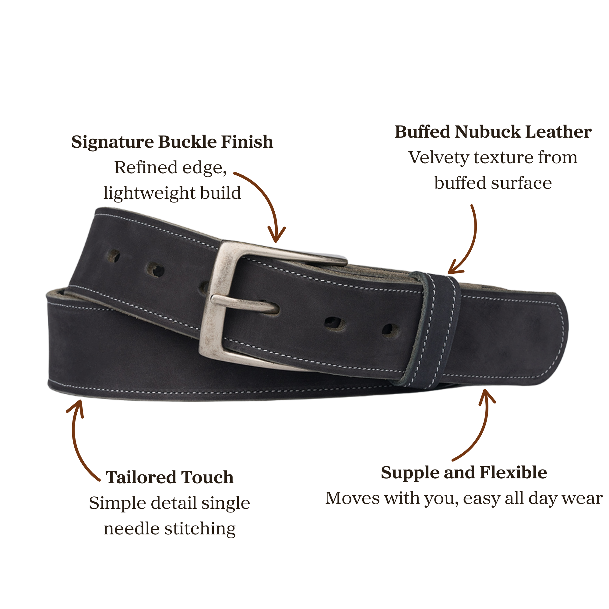 Black buffed nubuck leather belt with signature buckle finish accompanied single needle stitching