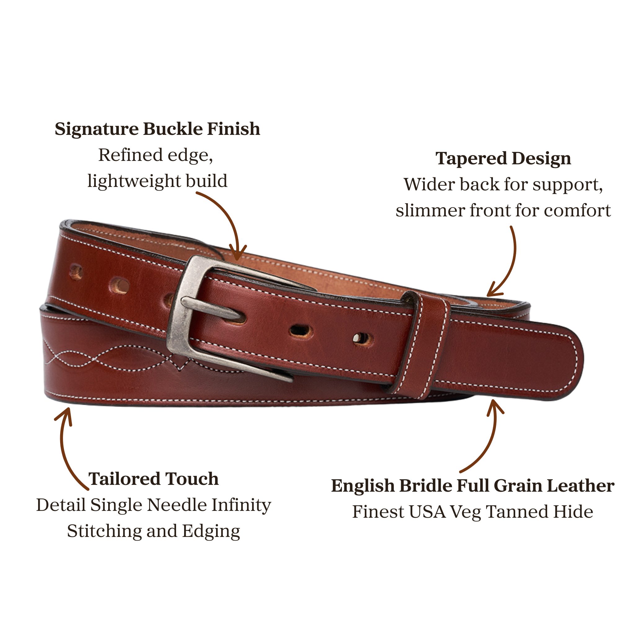 Brown English bridle full grain leather belt with signature buckle finish accompanied with a infinity stitching.