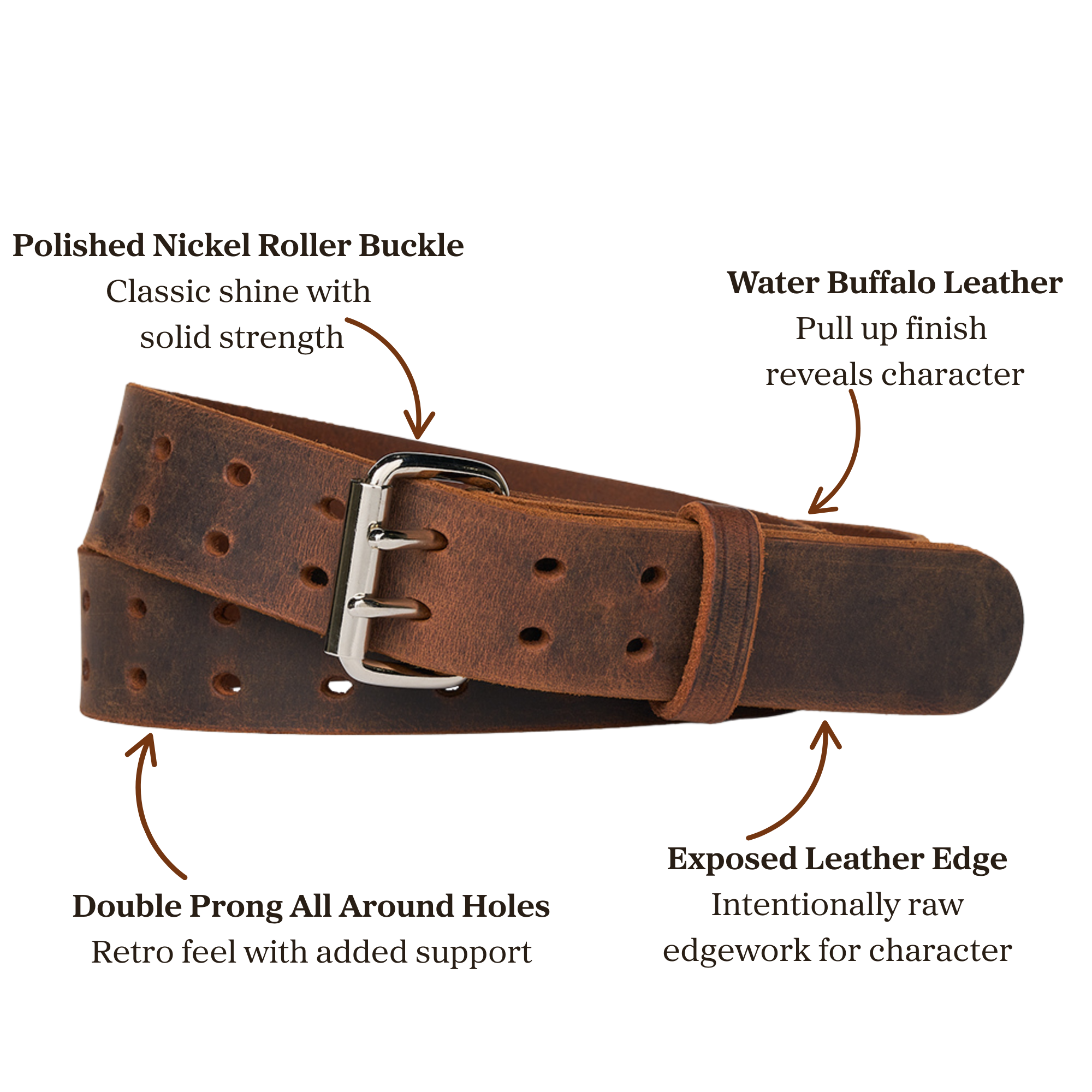 Brown water buffalo leather belt with a double pronged polished nickel roller buckle 