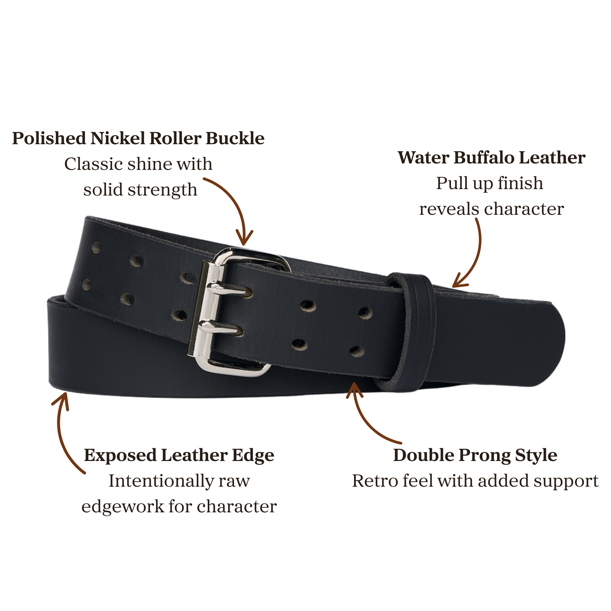 Black water buffalo double pronged leather belt with polished nickel roller buckle