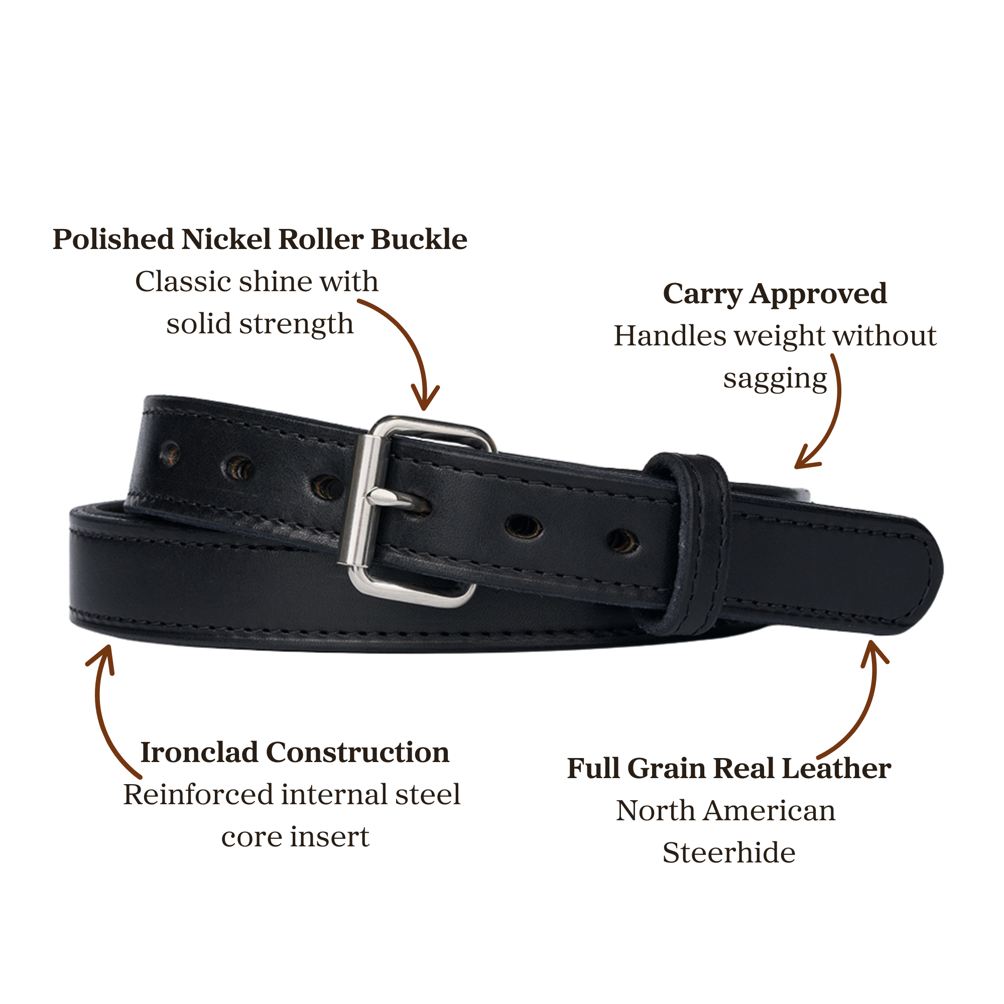 Black full grain leather belt with polished nickel roller buckle and a internal steel core, designed for carry use