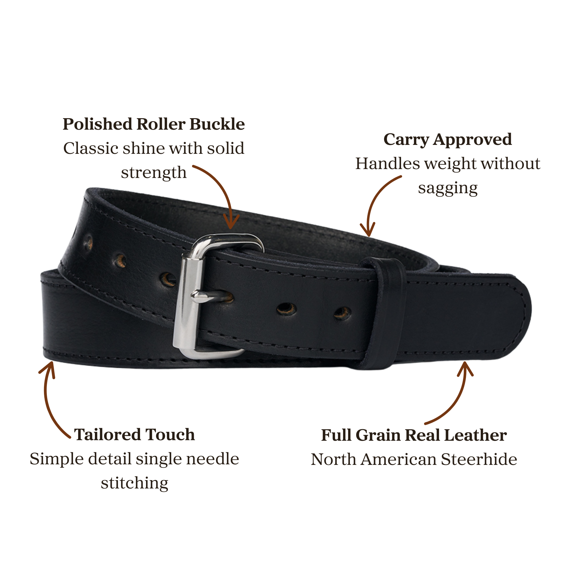 Black leather belt with polished silver buckle, labeled features: durable, stylish stitching, carry approved, full grain leather.