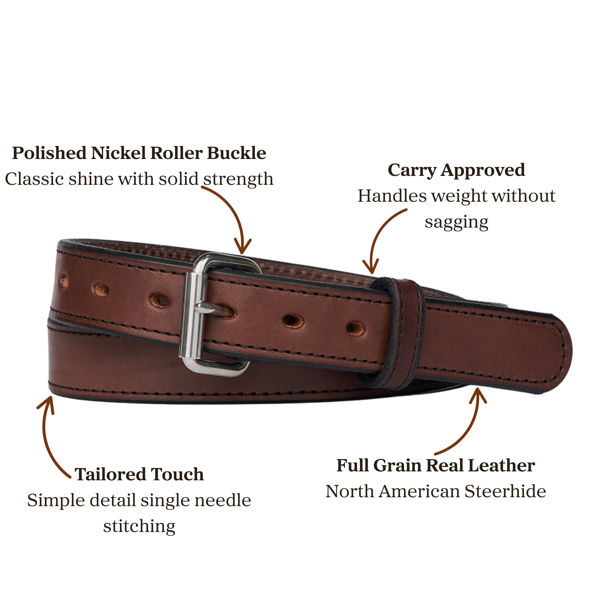 Brown full grain leather belt with polished nickel roller buckle accompanied with single needle stitching, designed for carry use