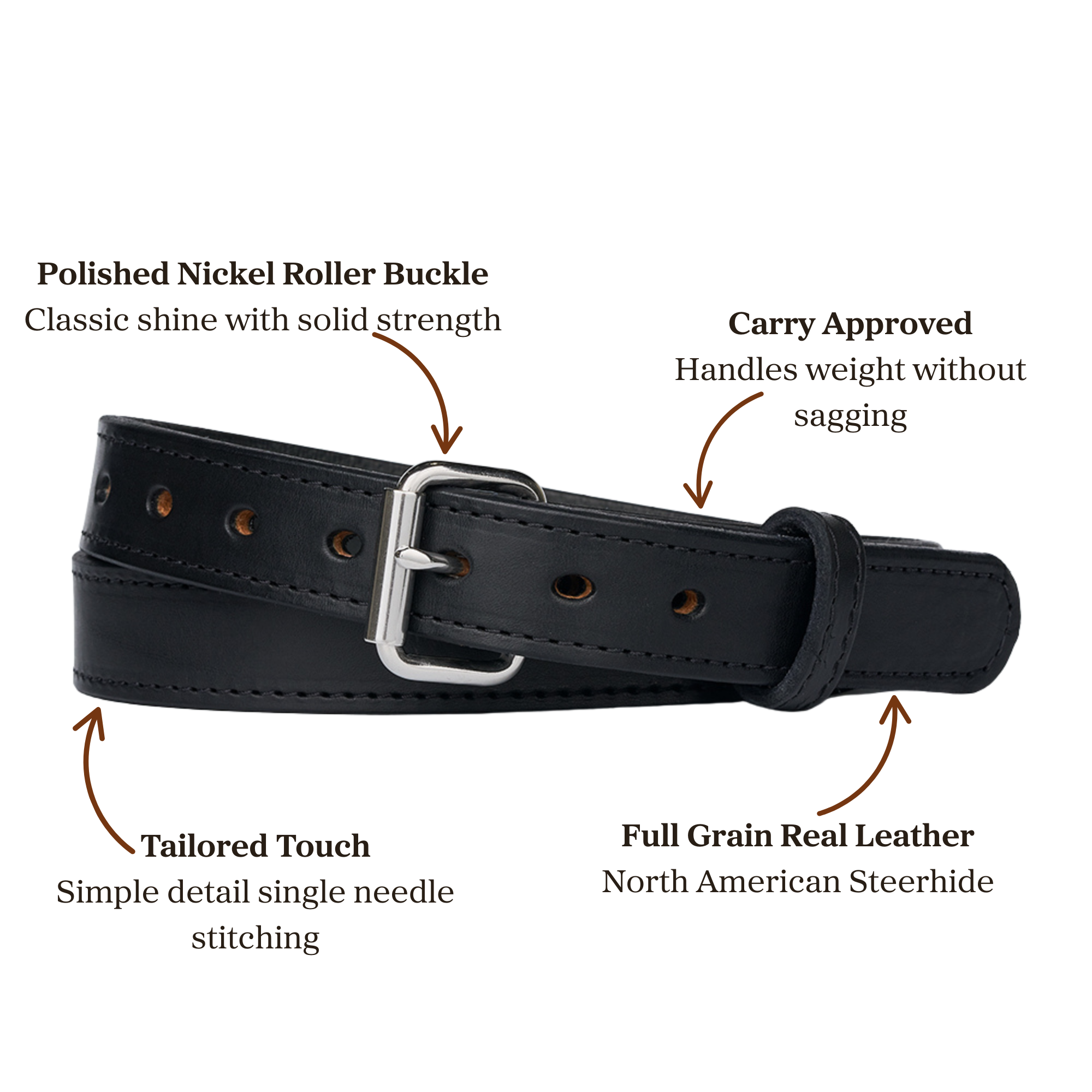 Black full grain leather belt with polished nickel roller buckle accompanied with single needle stitching, designed for carry use