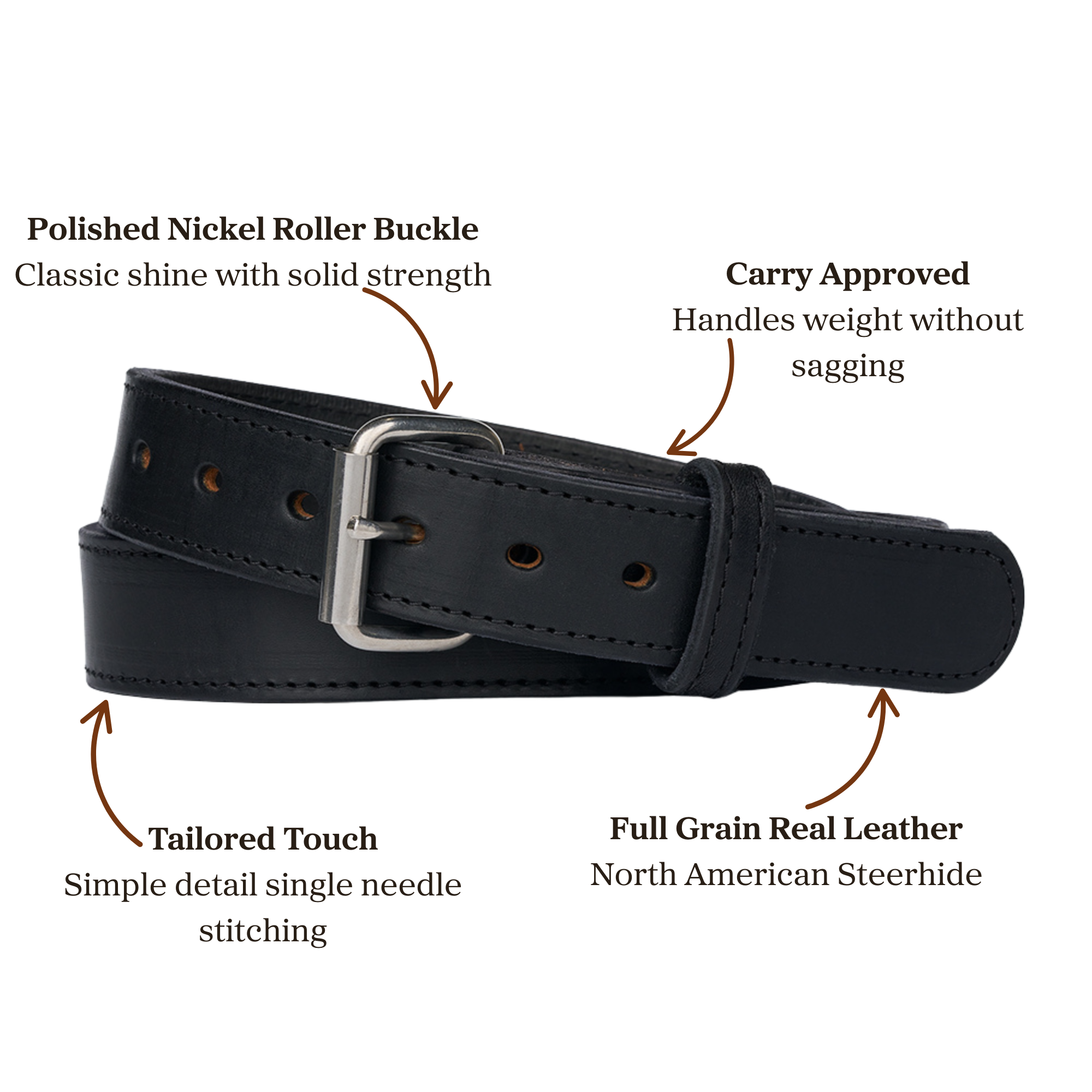 Black full grain real leather belt with polished nickel roller buckle, designed for carry use.