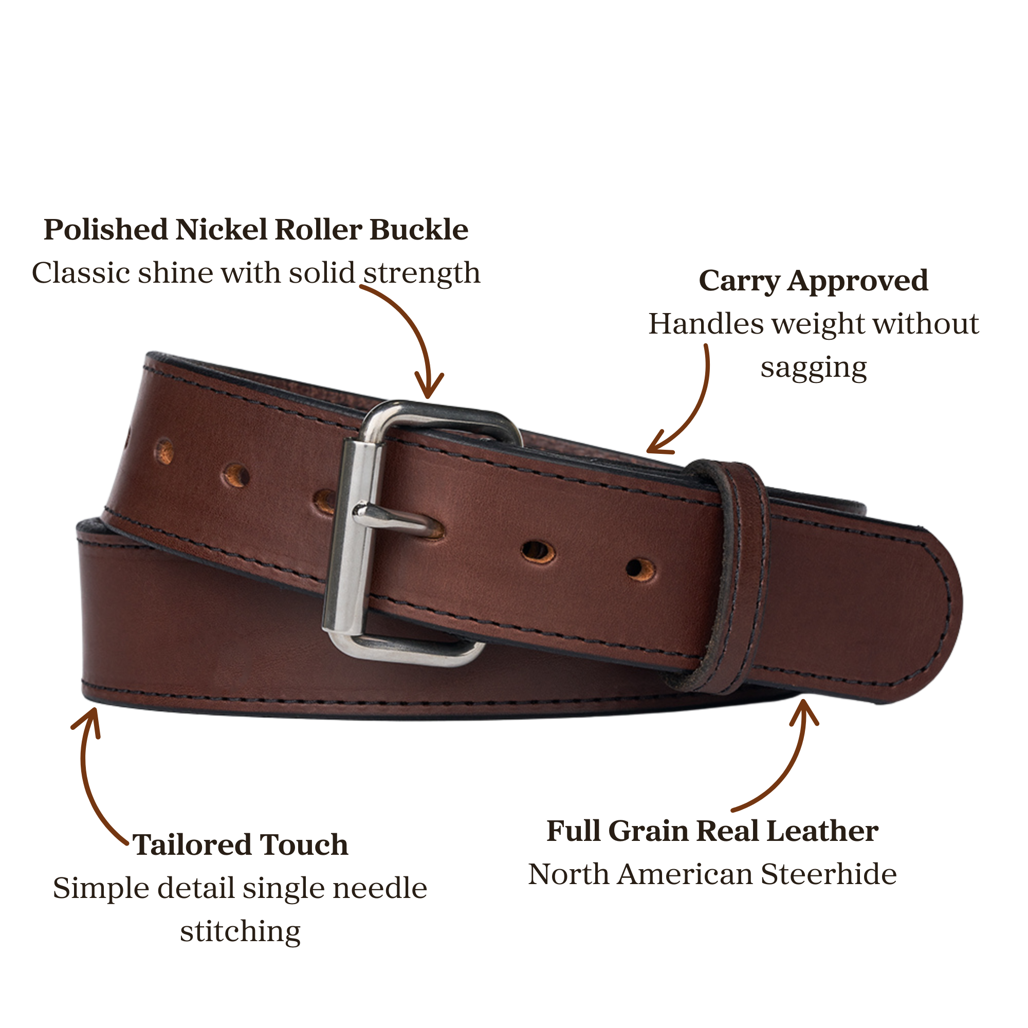 Brown full grain leather belt with polished nickel roller buckle accompanied with single needle stitching, designed for carry use