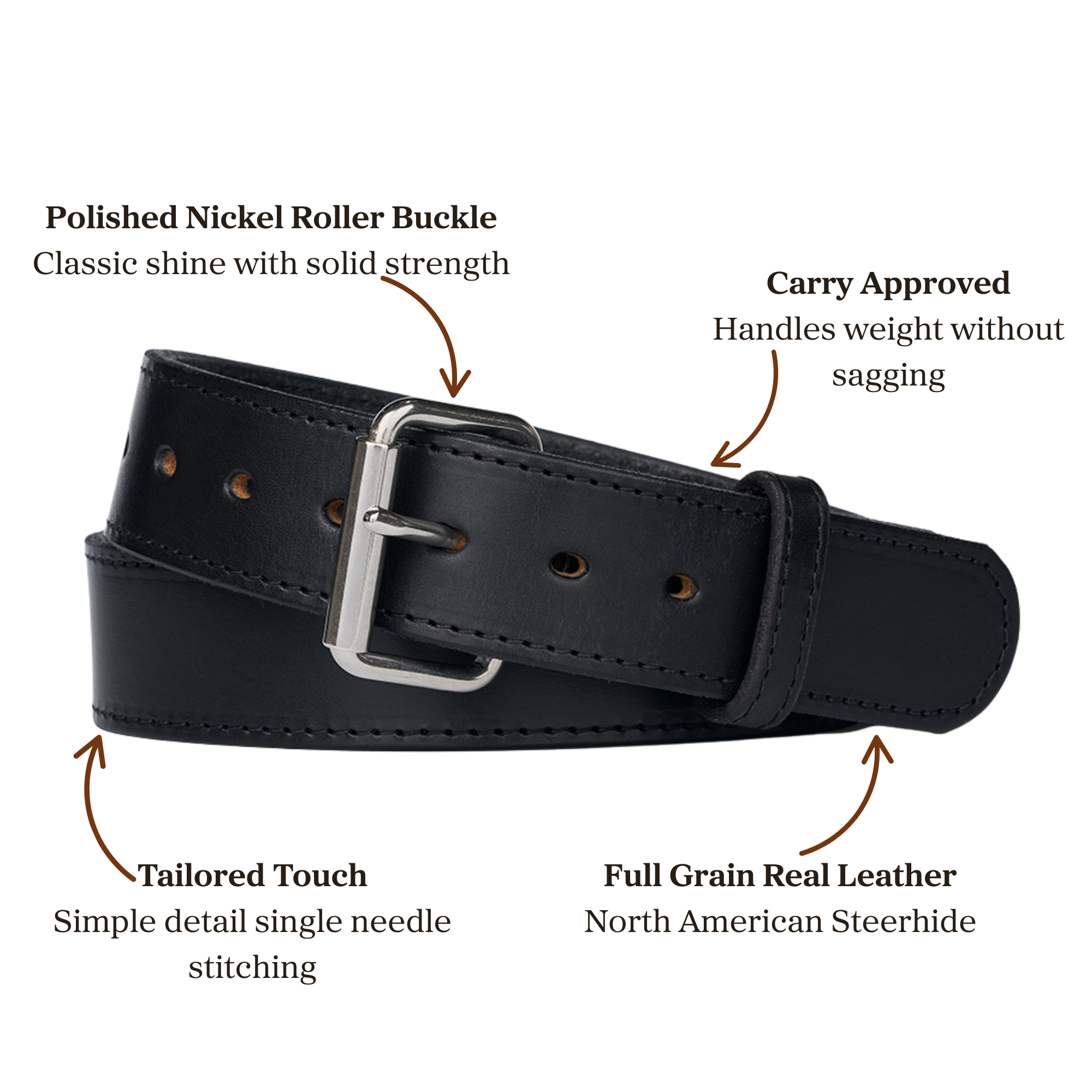 Black full grain leather belt with polished nickel roller buckle accompanied with single needle stitching , designed for carry use