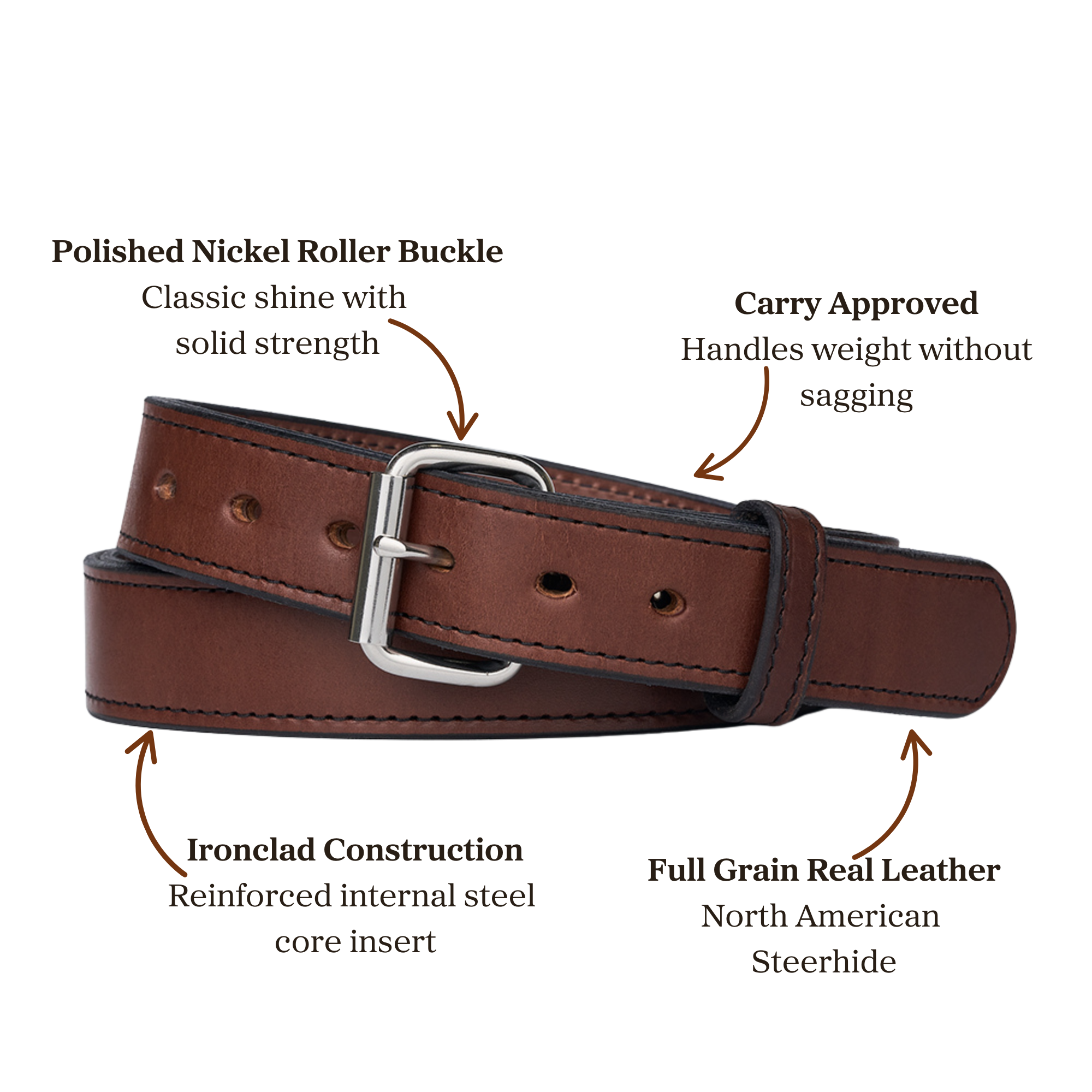Brown full grain leather belt with polished nickel roller buckle, designed for carry use