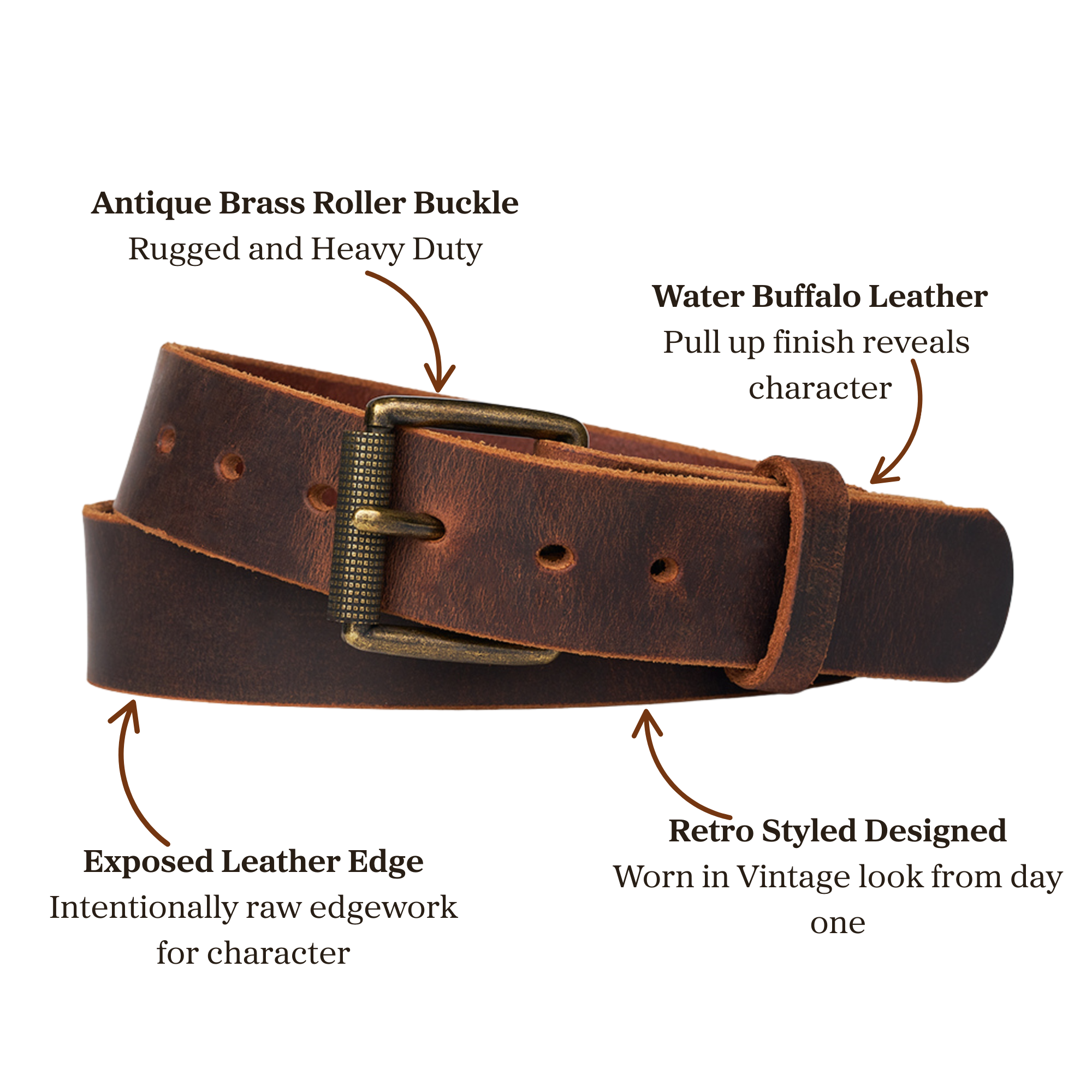 Brown distressed leather belt with exposed raw edges and an antique brass roller buckle, featuring a worn vintage aesthetic with pull-up leather finish that reveals natural character marks
