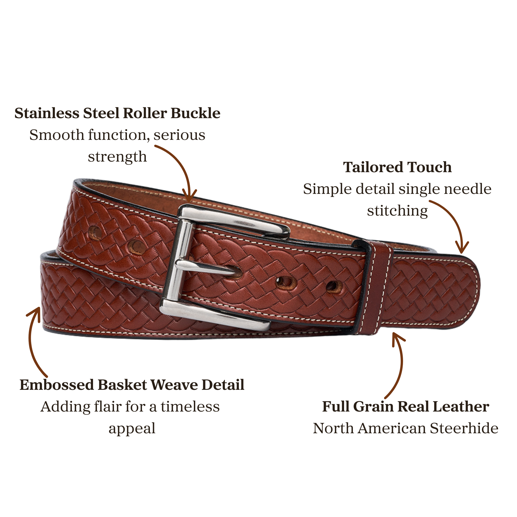 Embossed weave brown full grain leather belt with stainless steel buckle accompanied single stitching