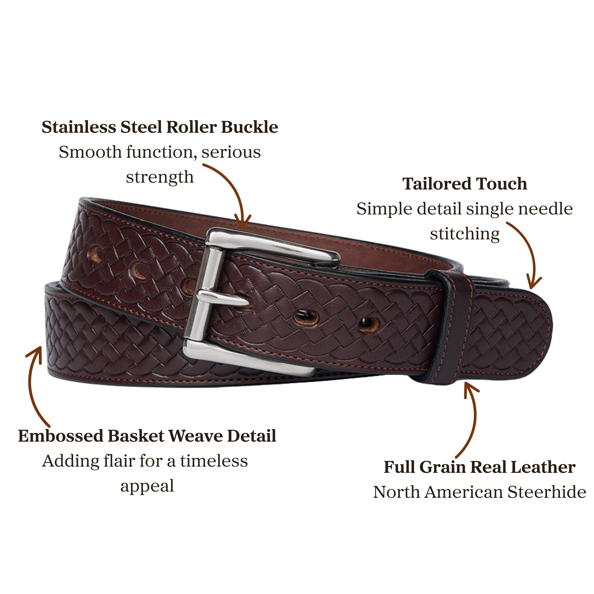 Embossed basket weave brown full grain leather belt with stainless steel roller buckle