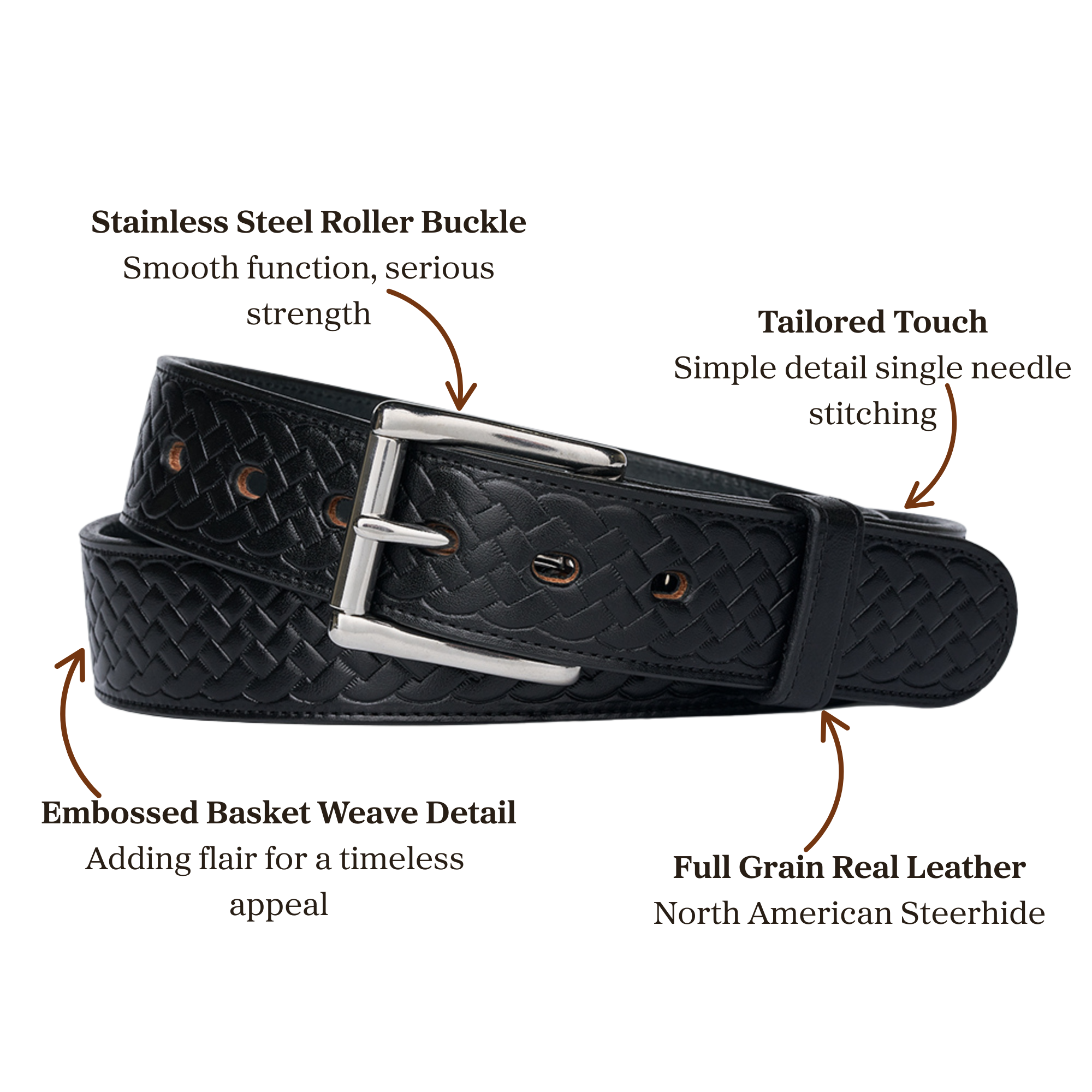 Embossed black full grain leather belt with stainless steel roller buckle accompanied with single stitching