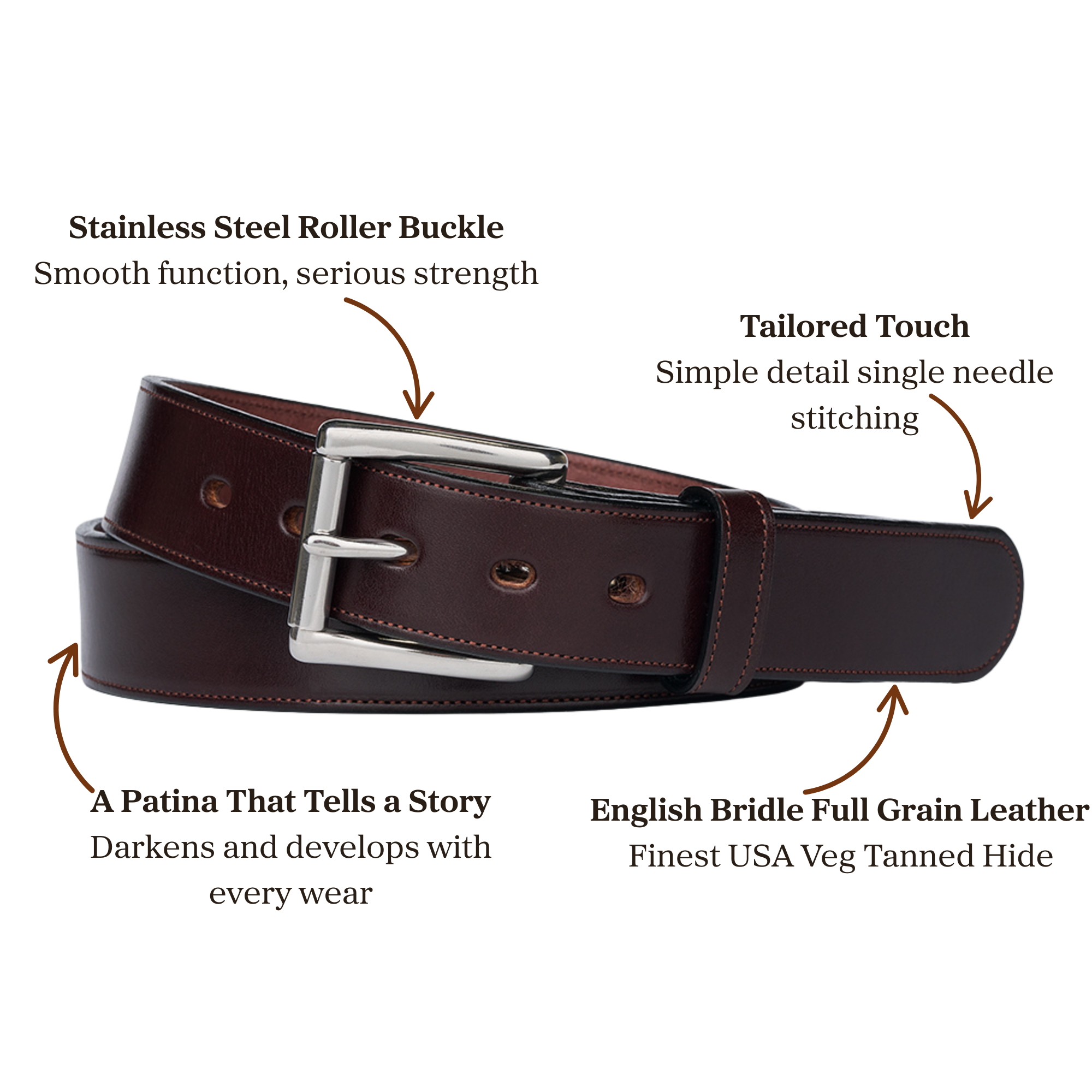 Brown English bridle full grain leather belt with stainless steel buckle accompanied with a single needle stitching