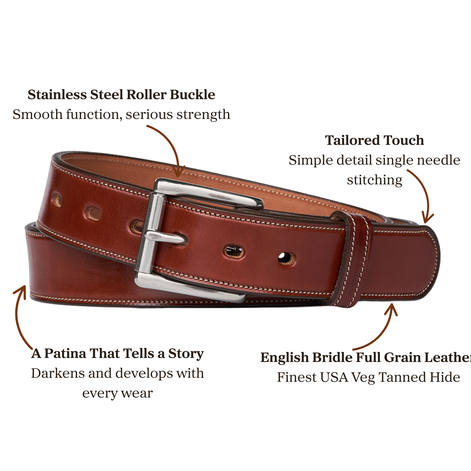 Brown English bridle full grain leather belt with stainless steel roller buckle accompanied with single stitching