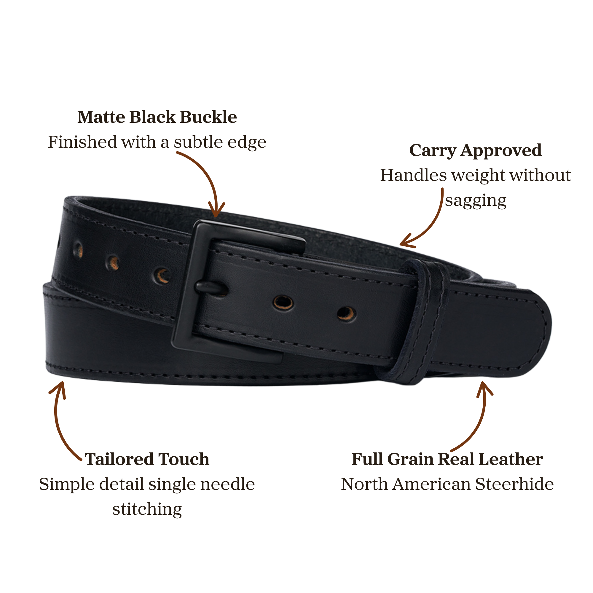Black full grain leather belt accompanied with a single needle stitching with a matte black buckle, designed for carry use