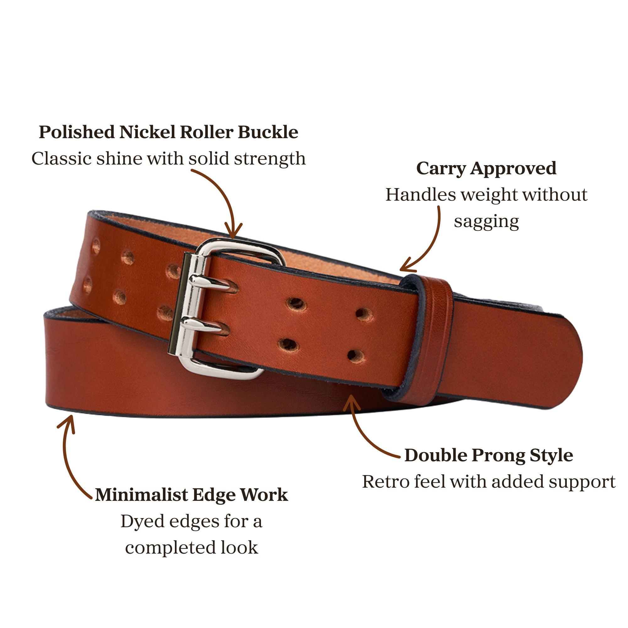 Brown leather belt with a double pronged polished nickel roller buckle, designed for carry purposes