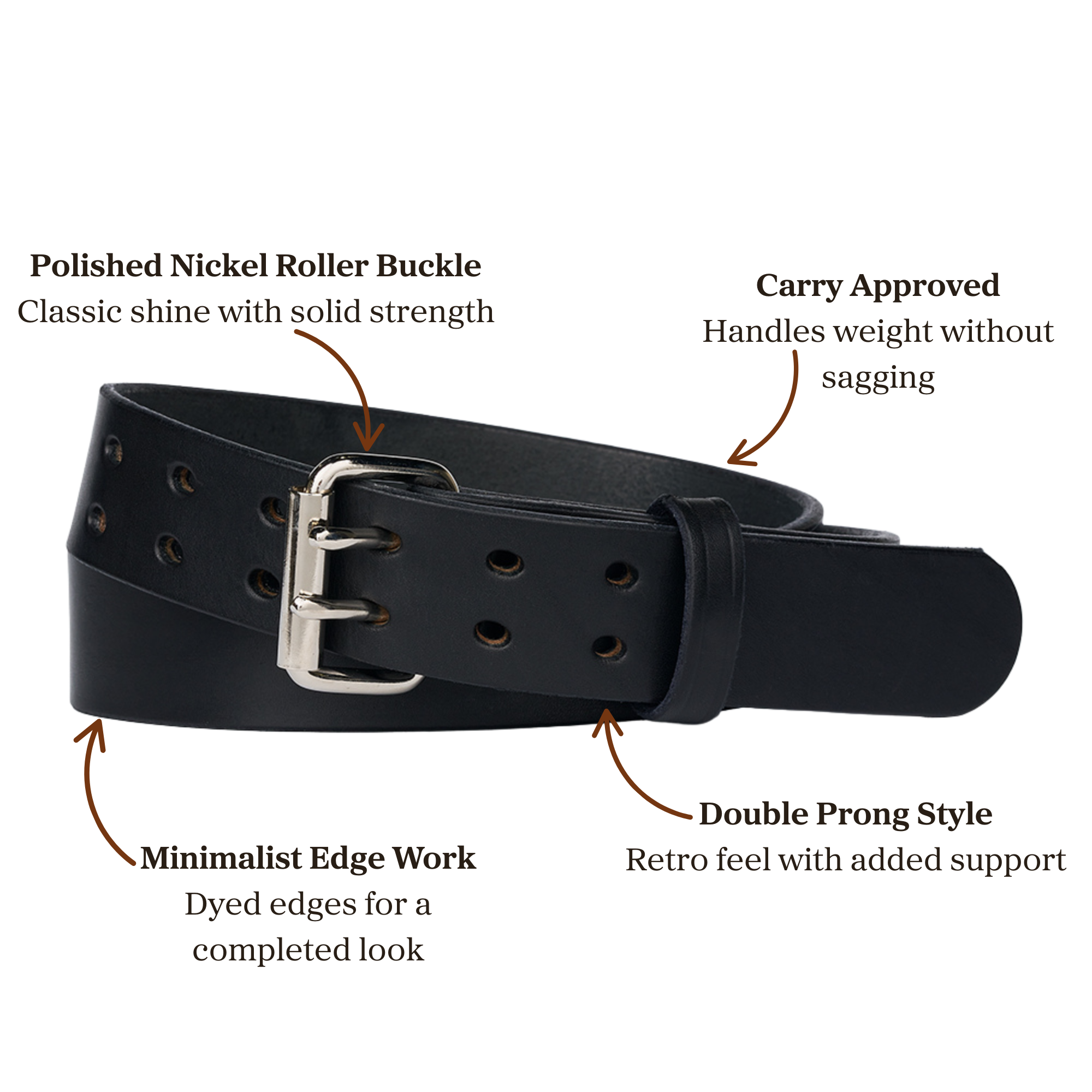 Double prong black belt with polished nickel roller buckle, designed for carry use