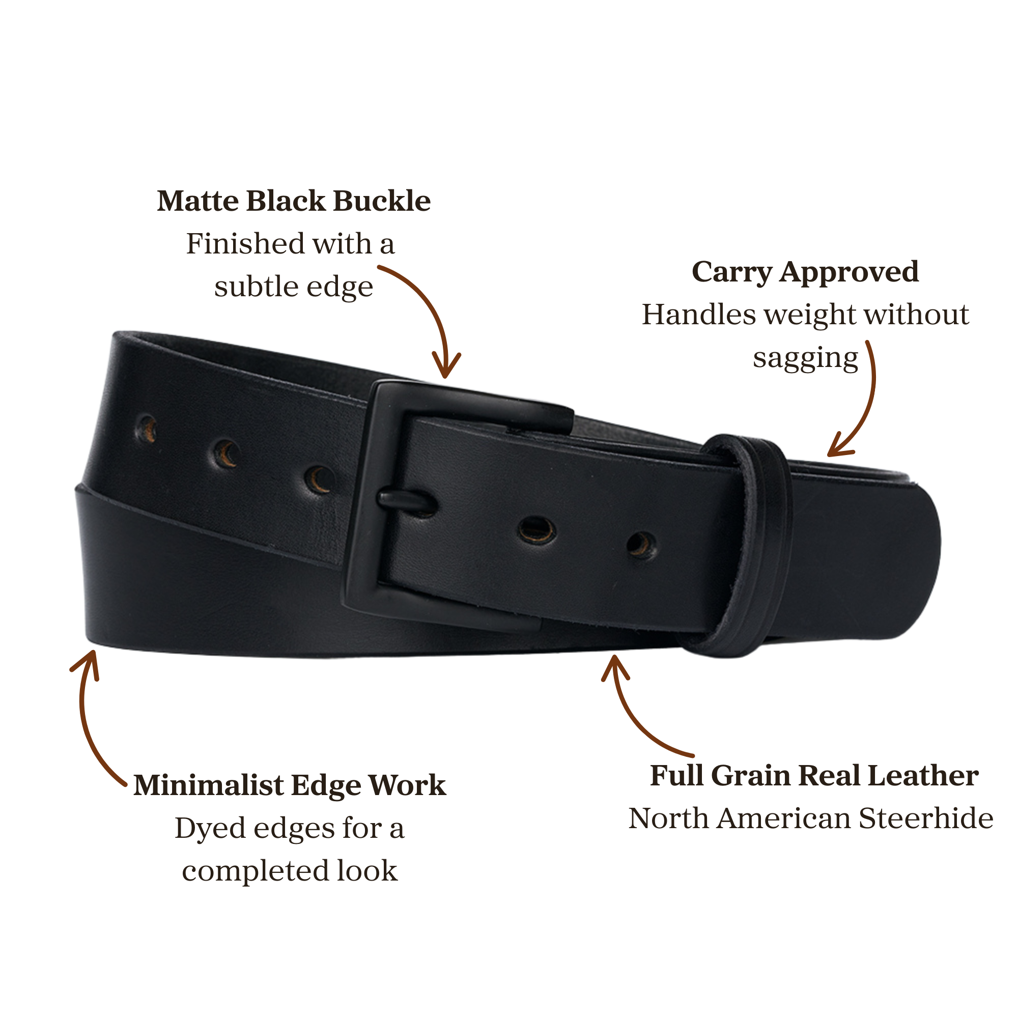 Black full grain leather belt with a matte black buckle, designed for carry use