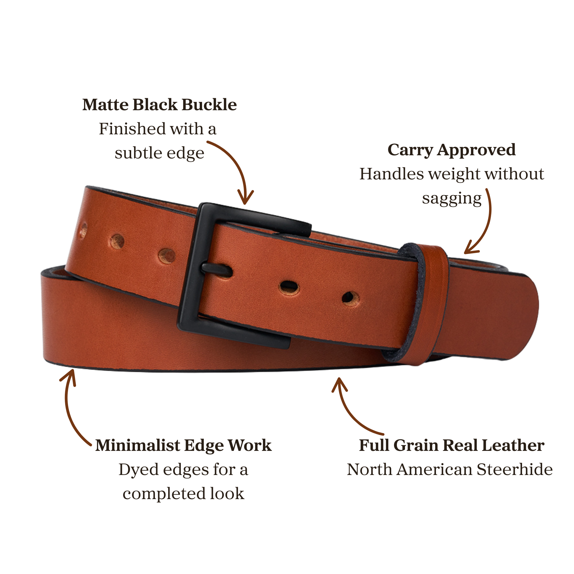 Brown full grain leather belt with matte black buckle, designed for carry use