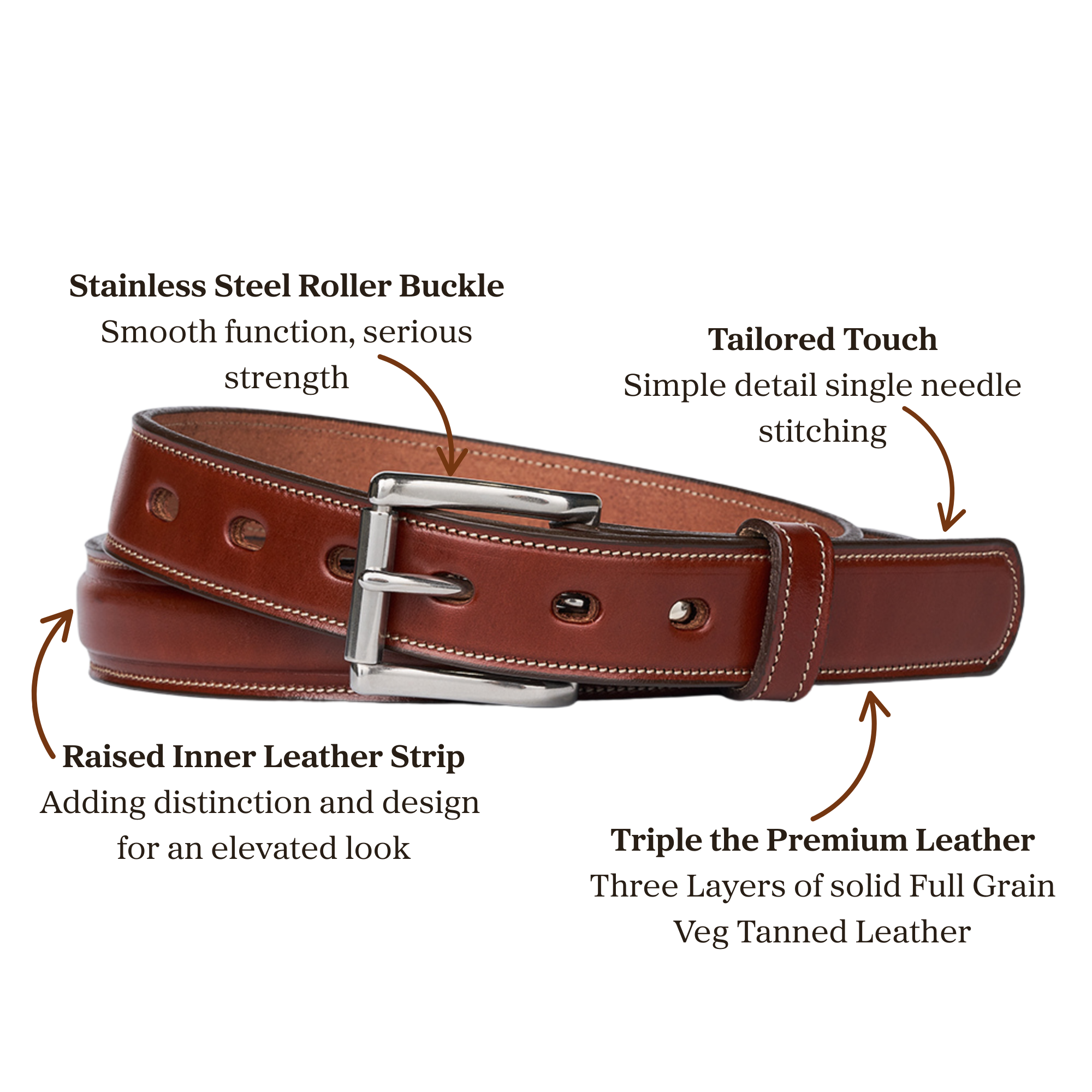 triple layer brown premium leather belt with stainless steel roller buckle accompanied with a single stitching