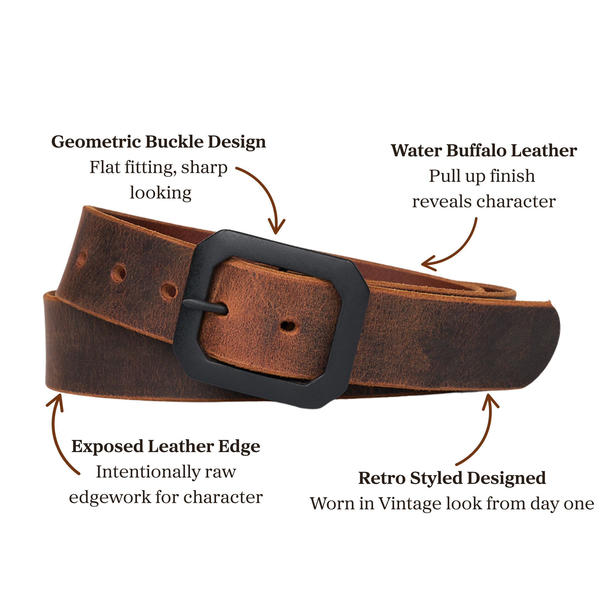 Retro styled brown water buffalo leather belt with geometric buckle design