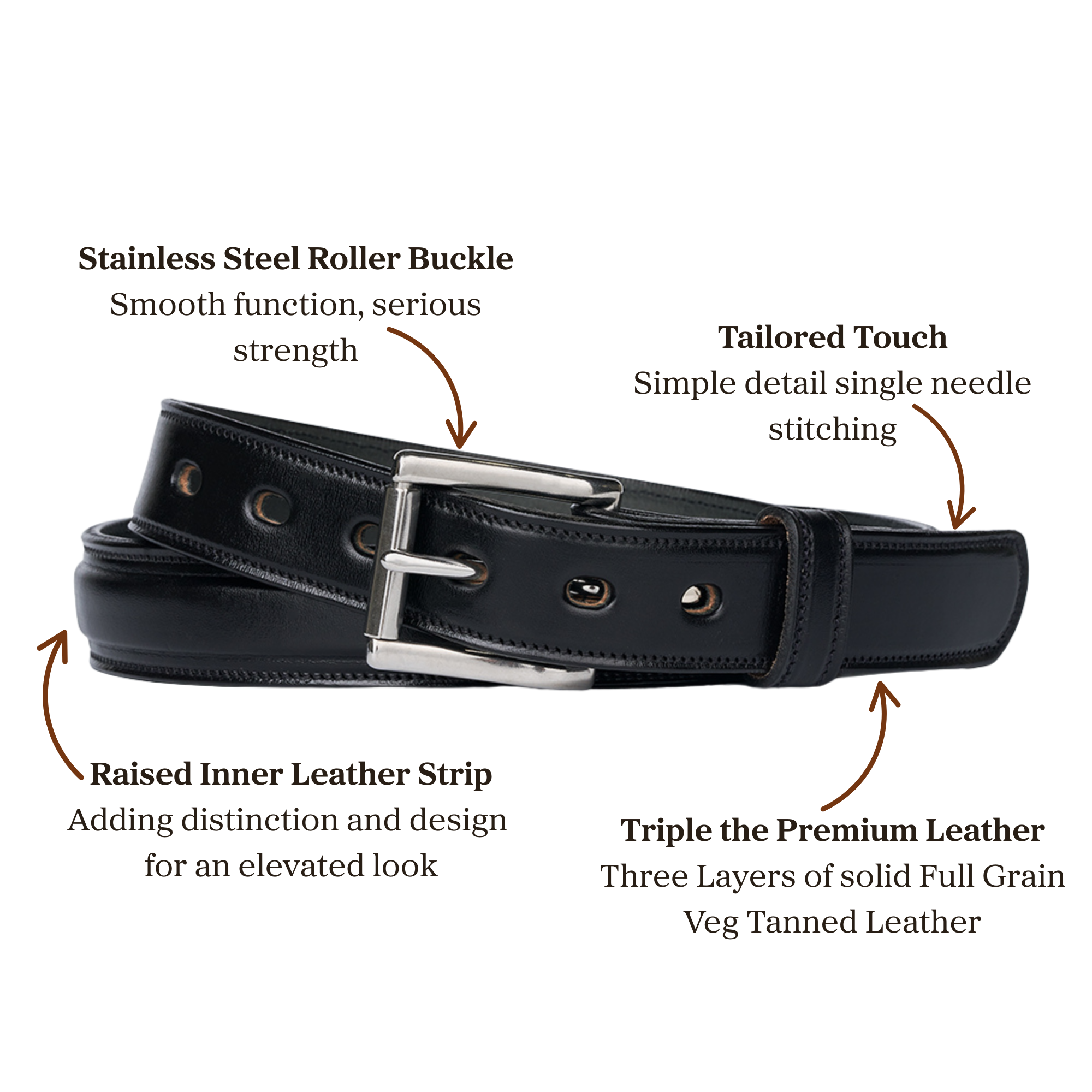 Three layered black leather belt with a stainless steel roller buckle and a raised inner leather strip