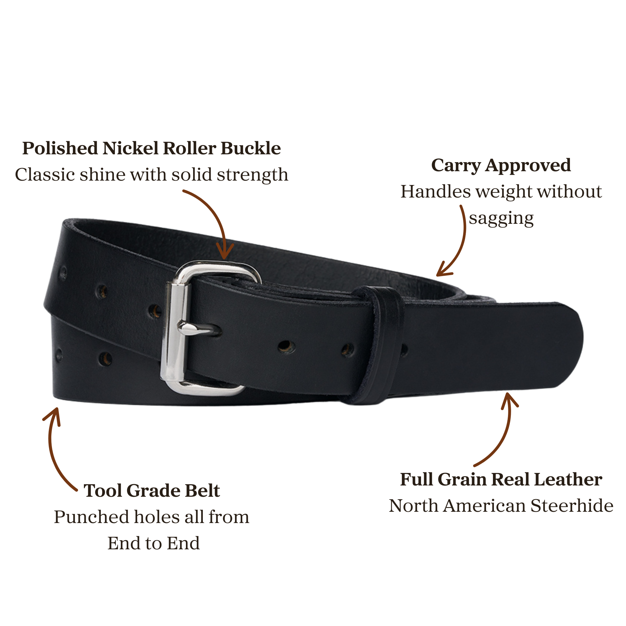 Black full grain leather belt with polished nickel roller buckle, designed for carry use