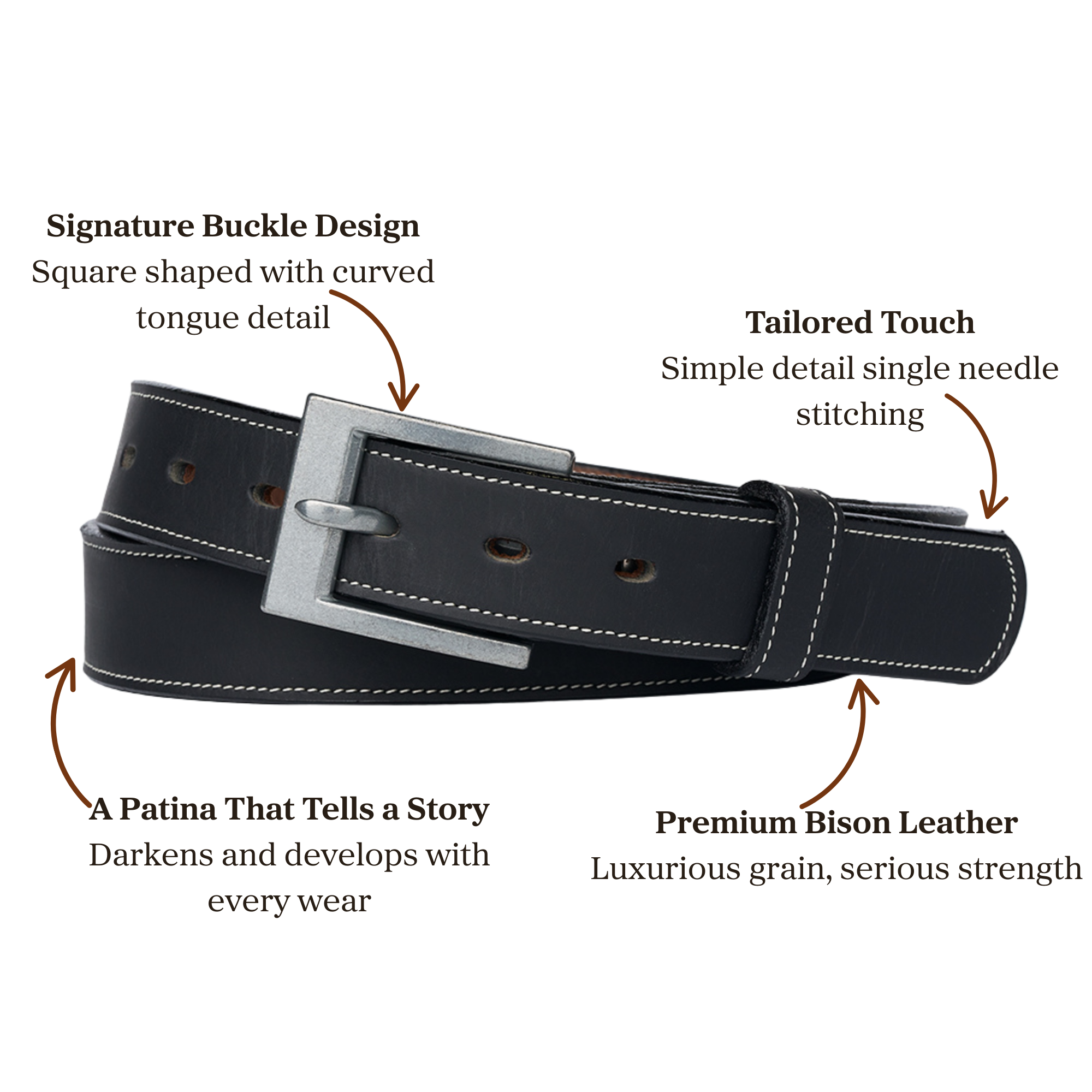 Premium black bison leather belt with silver buckle, square shaped with curved tongue detail