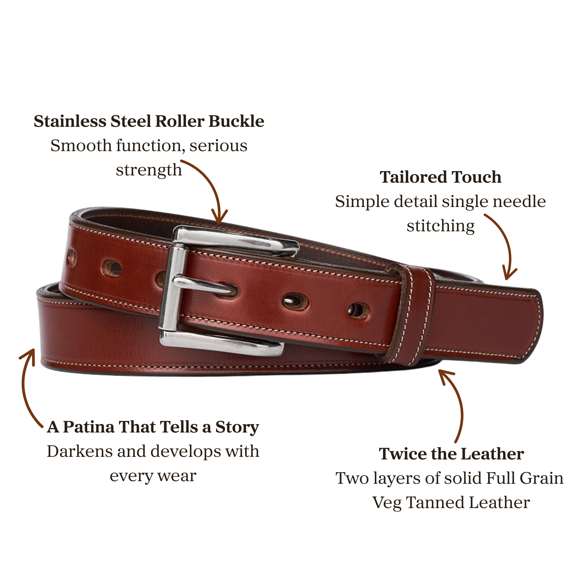 Dual layer brown leather belt with stainless steel roller buckle accompanied with a single needle stitching