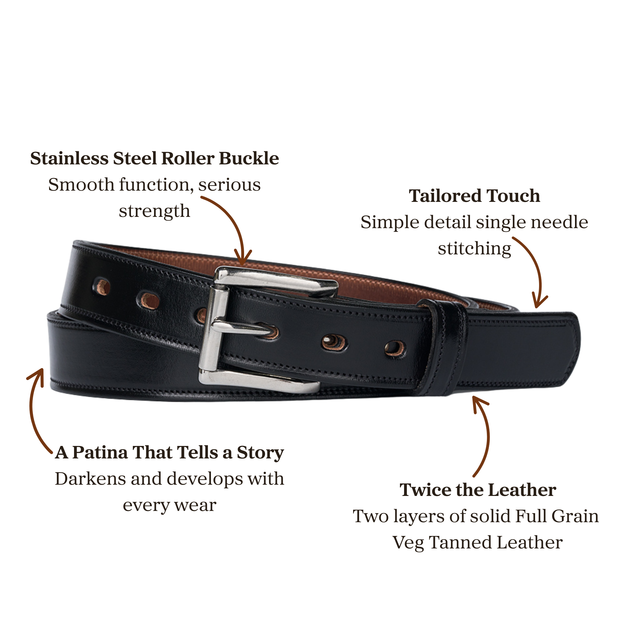 Double layer black leather belt with stainless steel roller buckle accompanied with single needle stitching