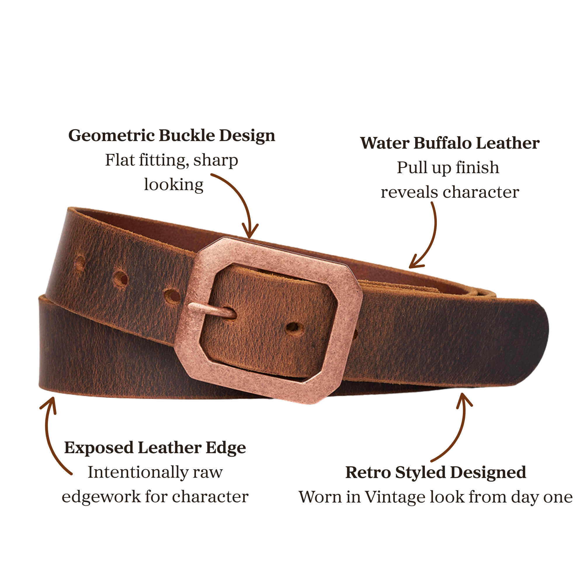 Brown distressed leather belt with exposed raw edges, featuring a geometric buckle design