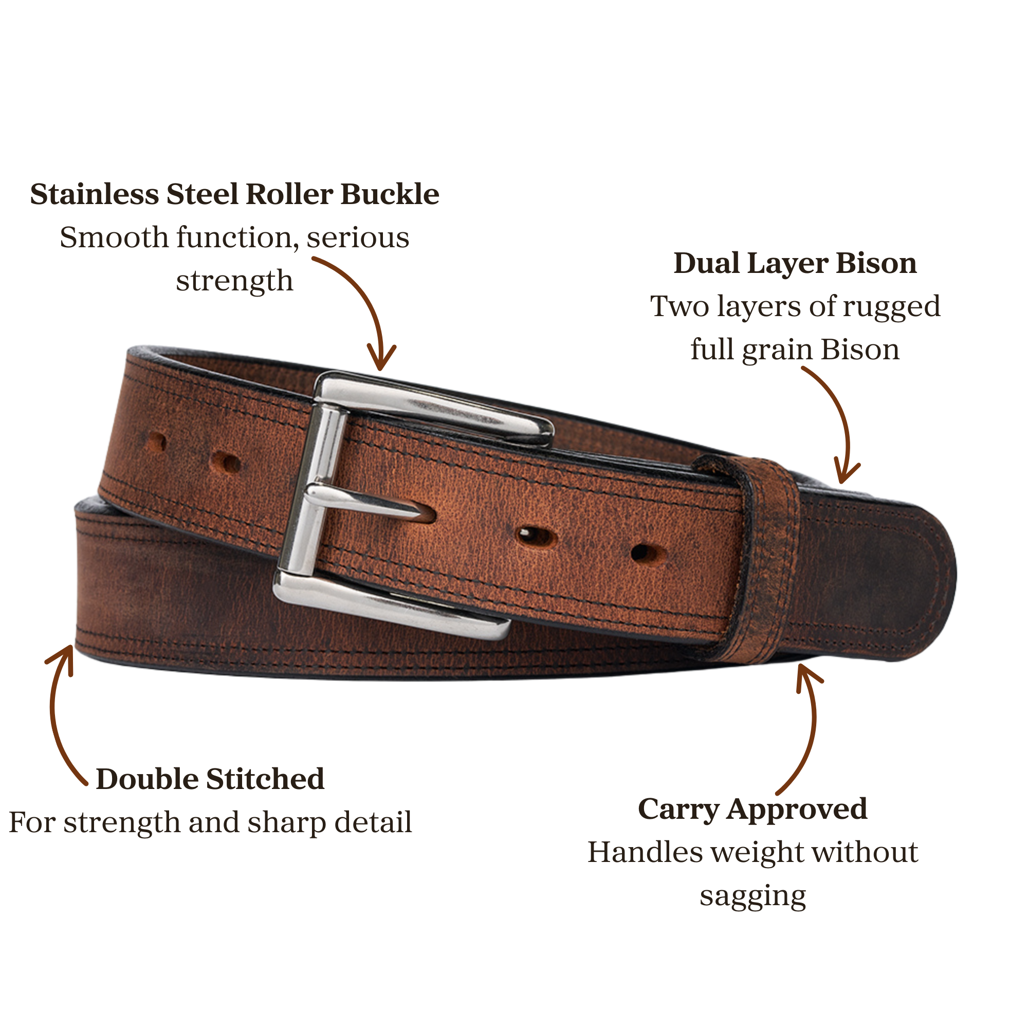 Double layer brown leather belt with stainless steel roller buckle accompanied with double stitching, designed for carry use