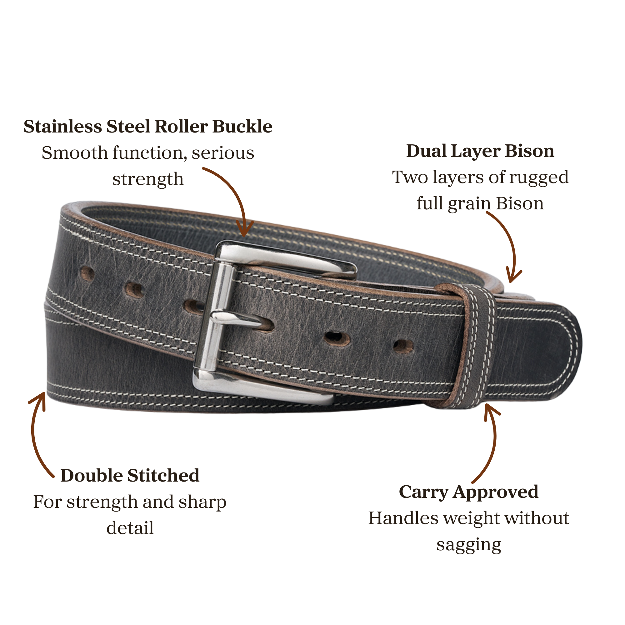 Double layer gray bison leather belt with stainless steel roller buckle accompanied with double stitching, designed for carry use